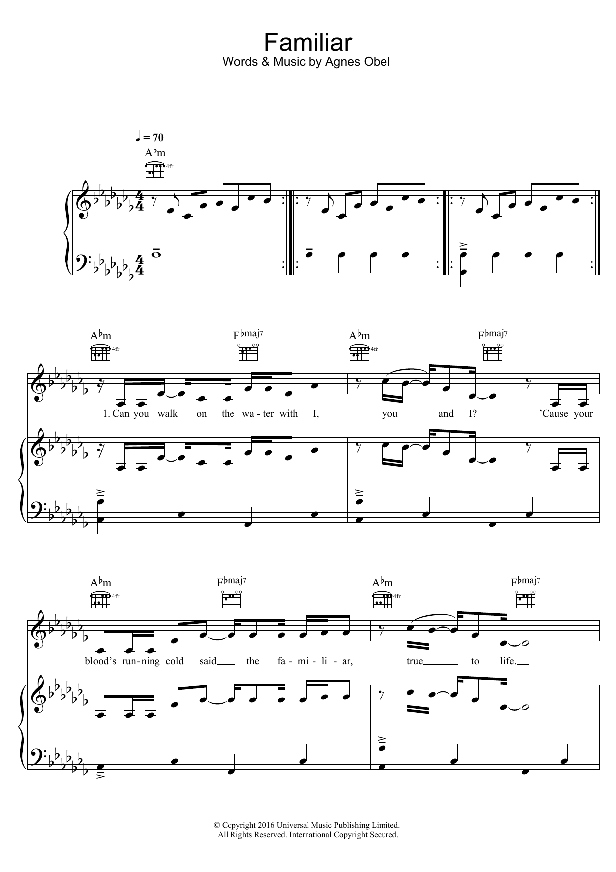 Download Agnes Obel Familiar Sheet Music and learn how to play Piano, Vocal & Guitar (Right-Hand Melody) PDF digital score in minutes