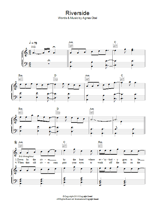 Download Agnes Obel Riverside Sheet Music and learn how to play Piano, Vocal & Guitar PDF digital score in minutes