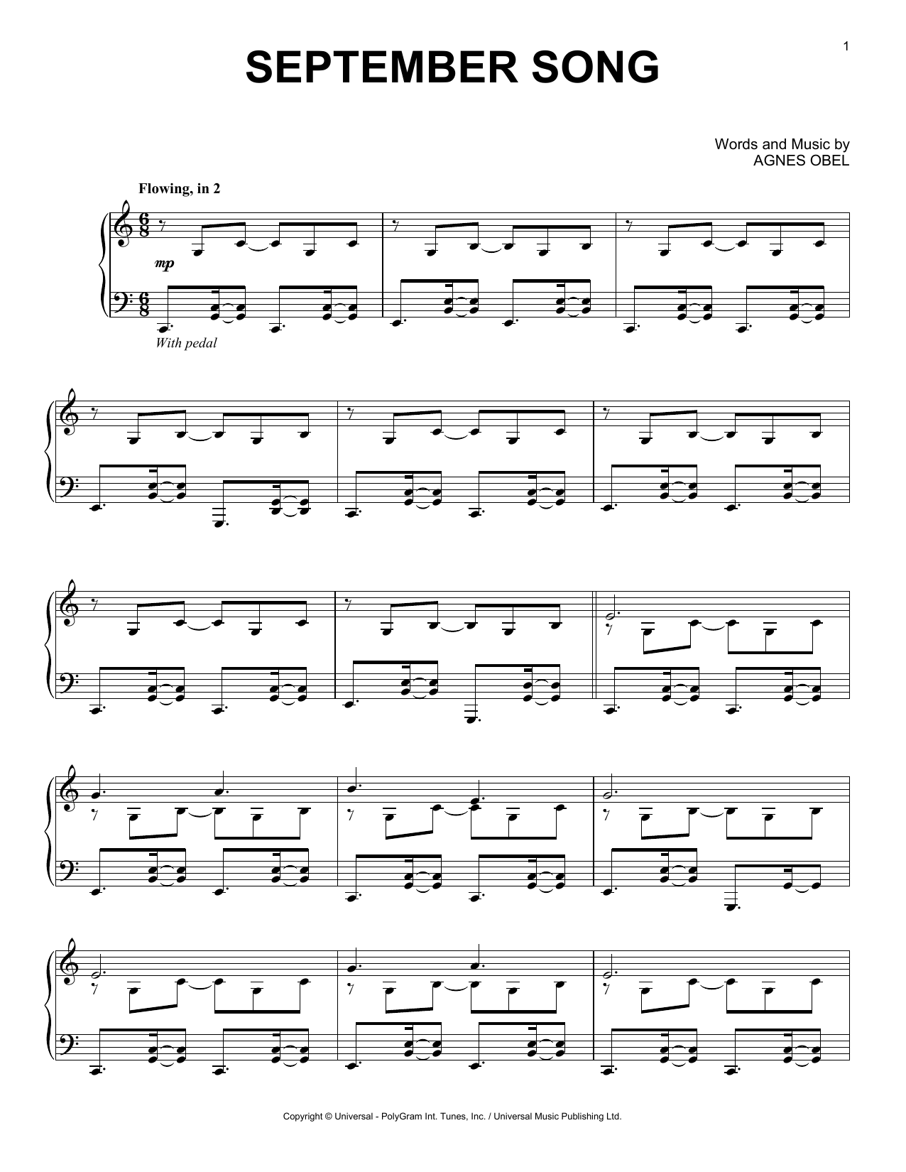 Download Agnes Obel September Song Sheet Music and learn how to play Easy Piano PDF digital score in minutes