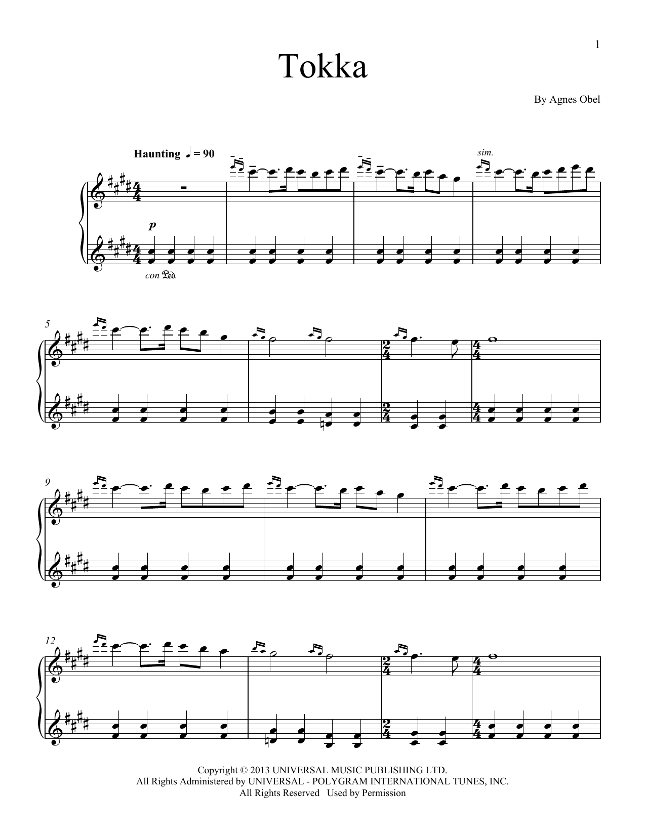 Download Agnes Obel Tokka Sheet Music and learn how to play Piano Solo PDF digital score in minutes