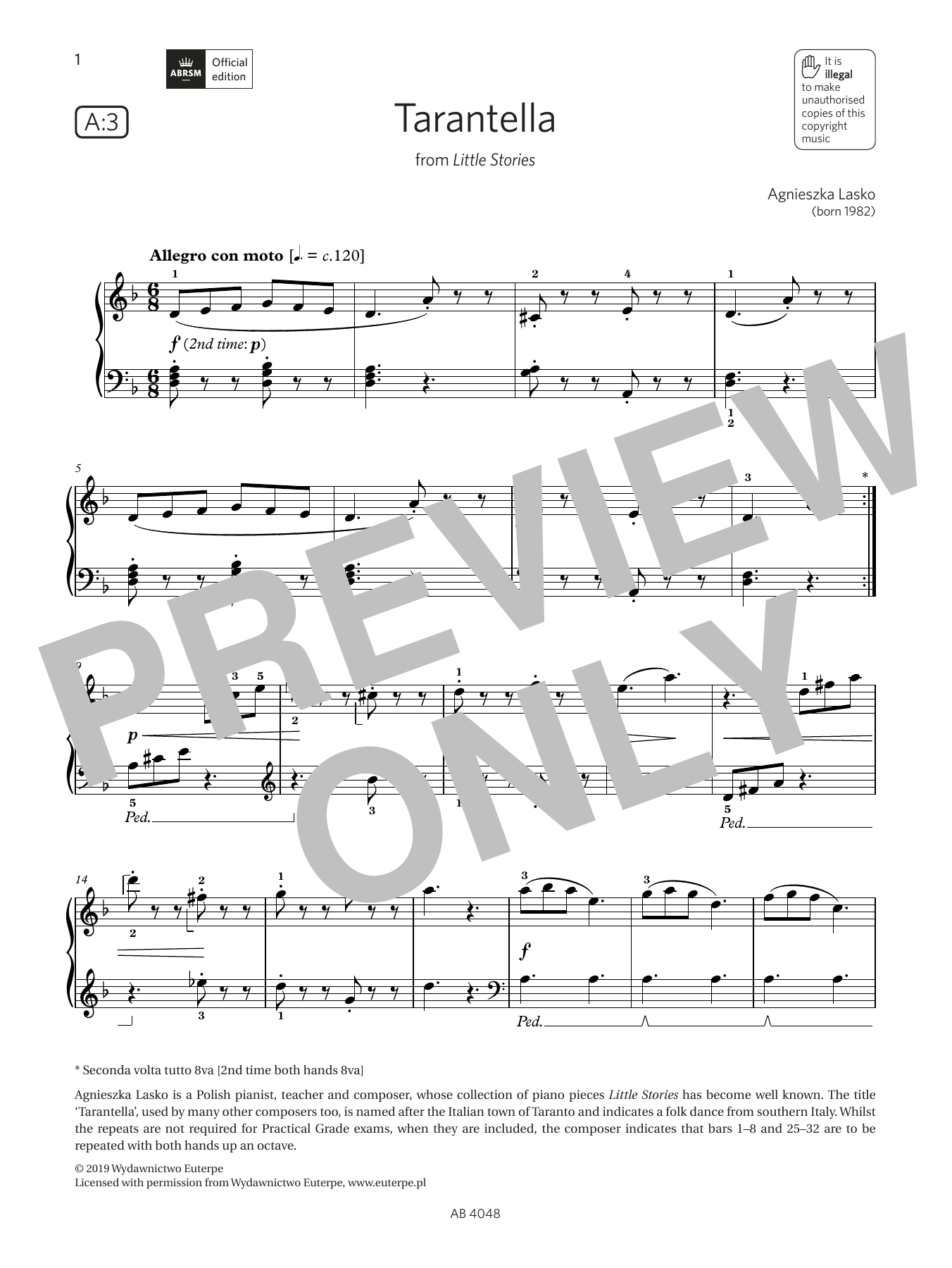Download Agnieszka Lasko Tarantella (Grade 2, list A3, from the ABRSM Piano Syllabus 2023 & 2024) Sheet Music and learn how to play Piano Solo PDF digital score in minutes