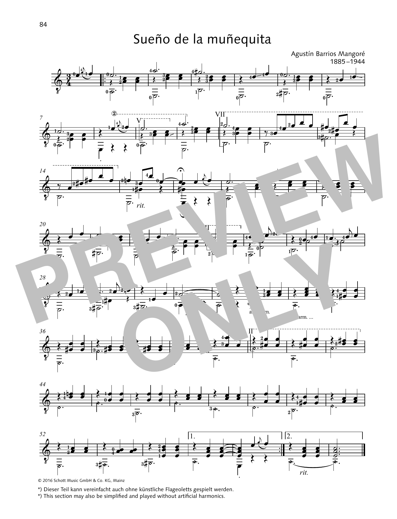 Download Agustín Barrios Mangoré Sueño de la muñequita Sheet Music and learn how to play Solo Guitar PDF digital score in minutes