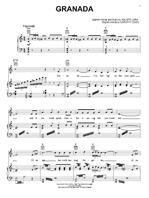 Download Agustin Lara Granada Sheet Music and learn how to play Piano, Vocal & Guitar (Right-Hand Melody) PDF digital score in minutes
