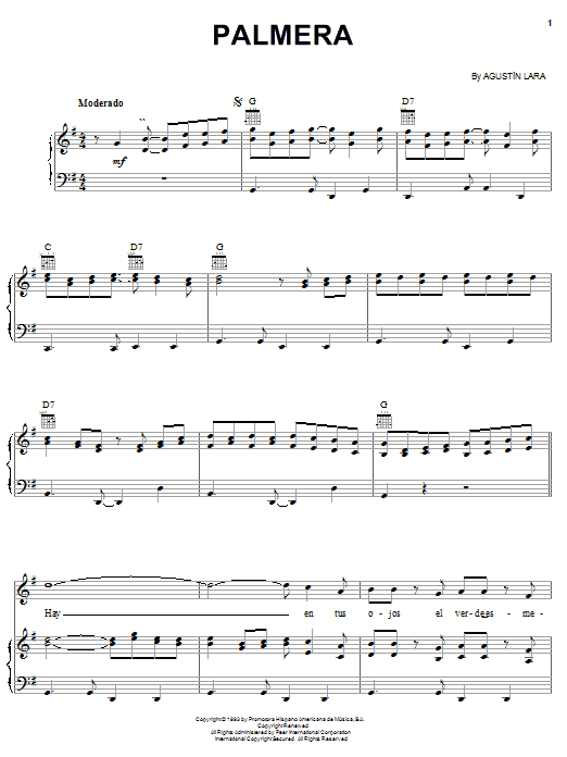 Download Agustin Lara Palmera Sheet Music and learn how to play Piano, Vocal & Guitar (Right-Hand Melody) PDF digital score in minutes