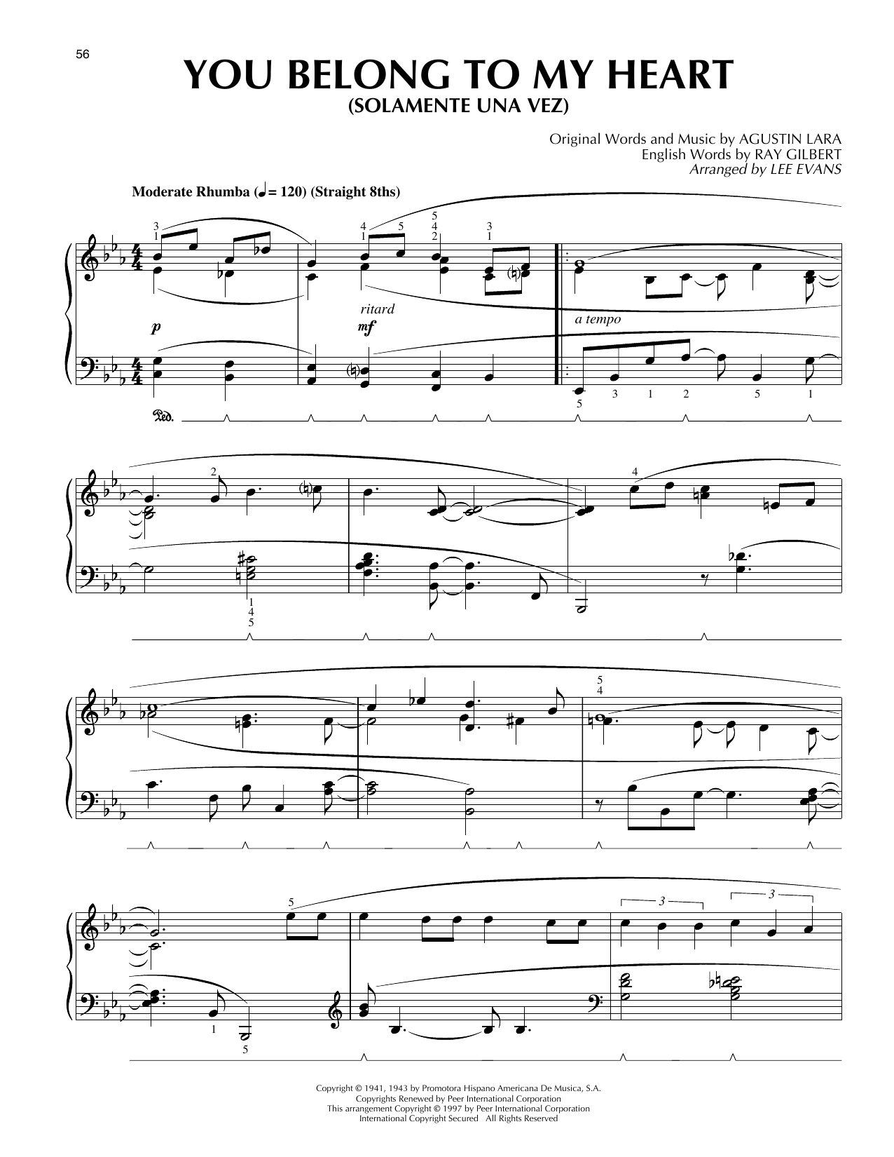 Download Agustin Lara You Belong To My Heart (Solamente Una Vez) (arr. Lee Evans) Sheet Music and learn how to play Piano Solo PDF digital score in minutes