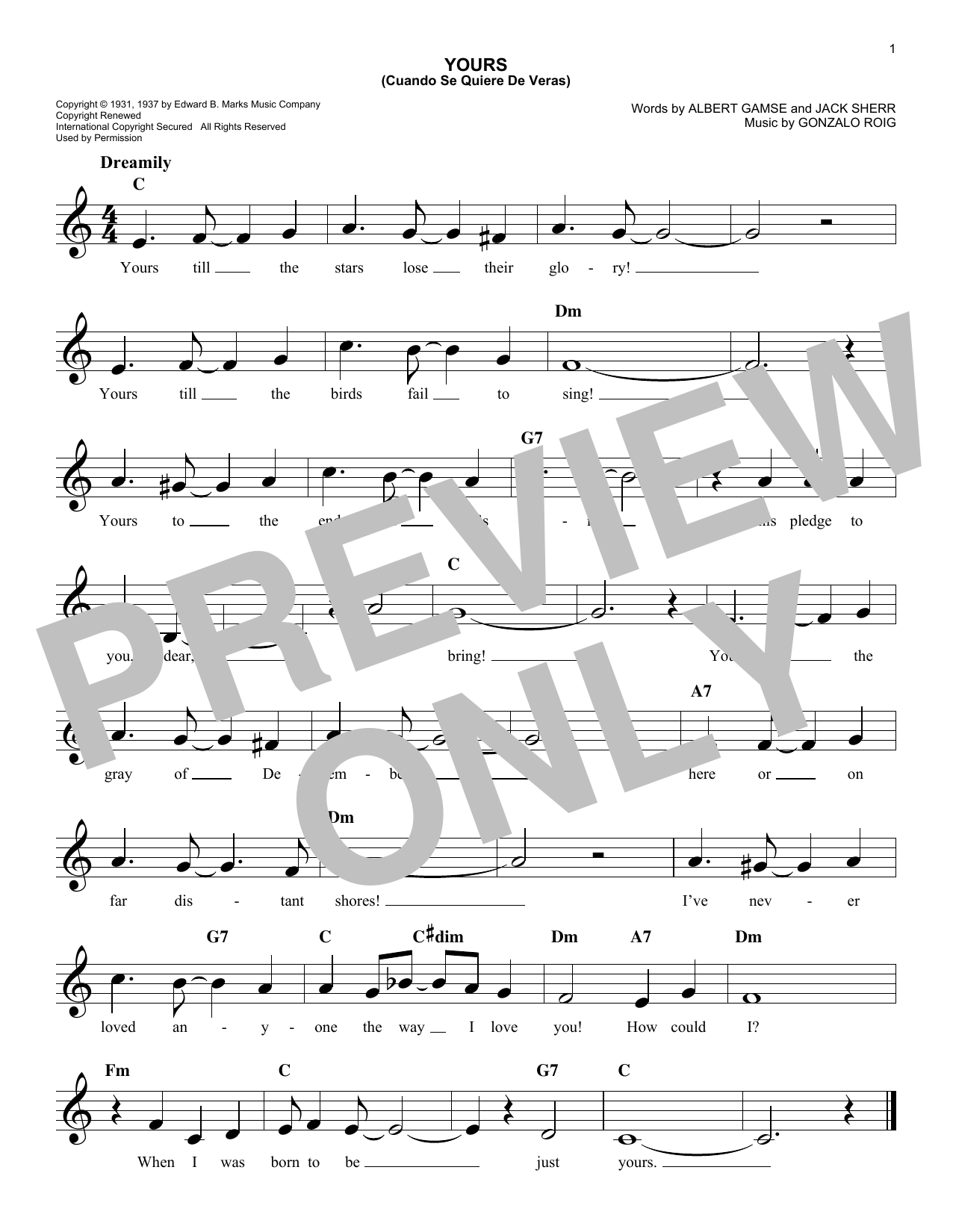 Download Agustin Rodriguez Yours (Quiereme Mucho) Sheet Music and learn how to play Melody Line, Lyrics & Chords PDF digital score in minutes