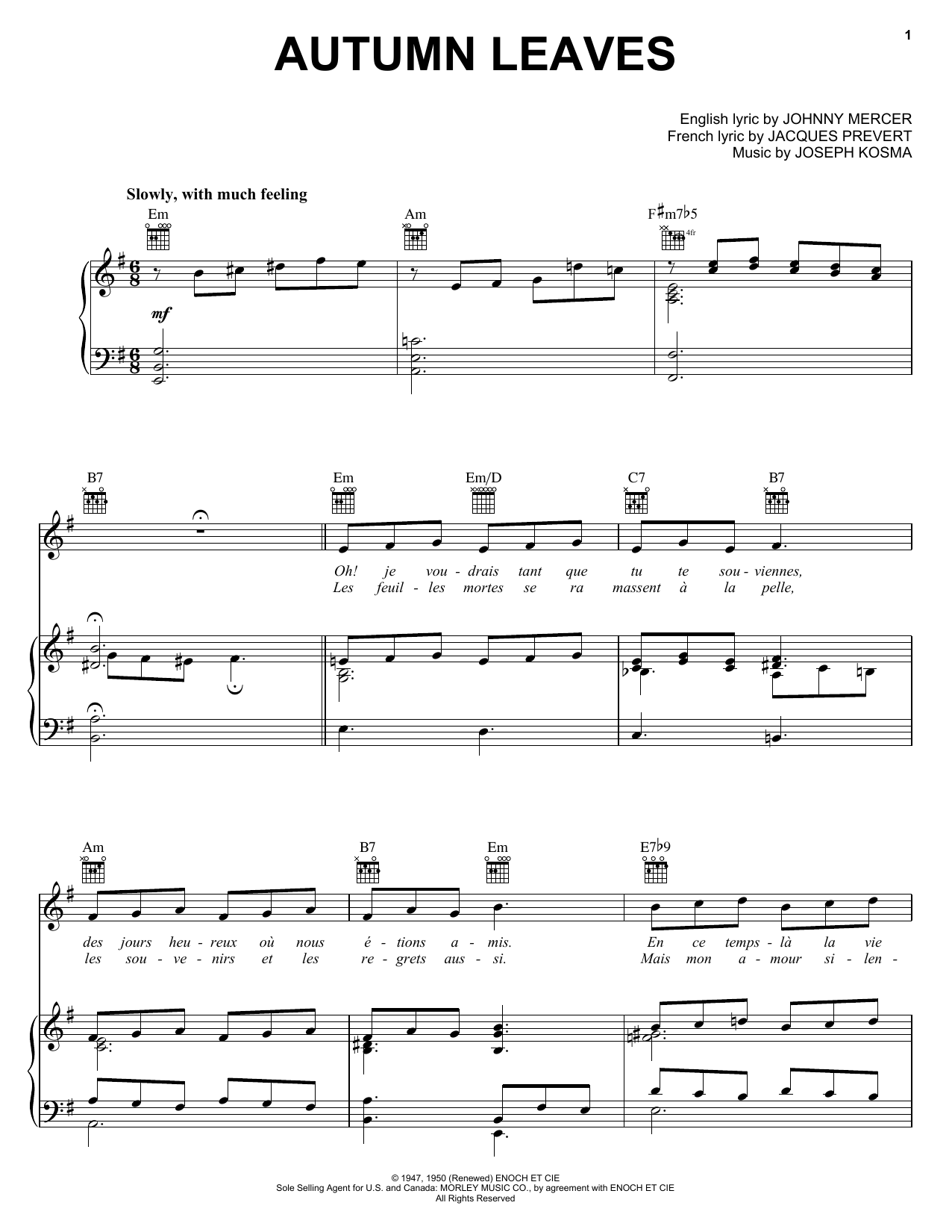 Download Ahmad Jamal Autumn Leaves Sheet Music and learn how to play Piano, Vocal & Guitar (Right-Hand Melody) PDF digital score in minutes