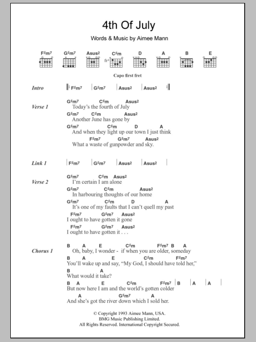 Download Aimee Mann 4th Of July Sheet Music and learn how to play Lyrics & Chords PDF digital score in minutes