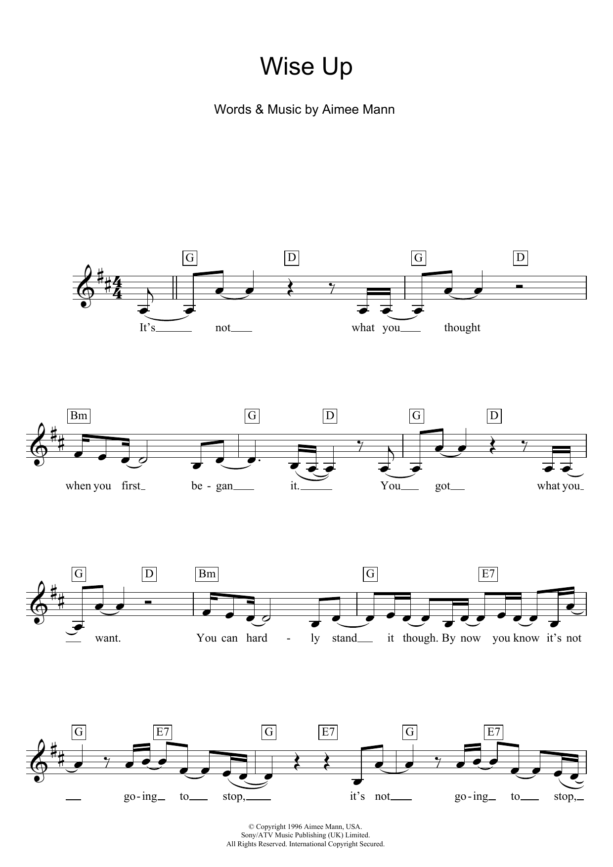 Download Aimee Mann Wise Up (from Magnolia) Sheet Music and learn how to play Piano, Vocal & Guitar Chords (Right-Hand Melody) PDF digital score in minutes