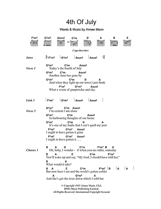 Download Aimee Mann 4th Of July Sheet Music and learn how to play Lyrics & Chords PDF digital score in minutes