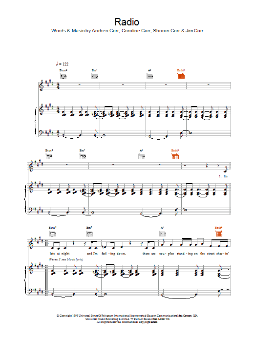 Download The Corrs Radio Sheet Music and learn how to play Piano, Vocal & Guitar PDF digital score in minutes