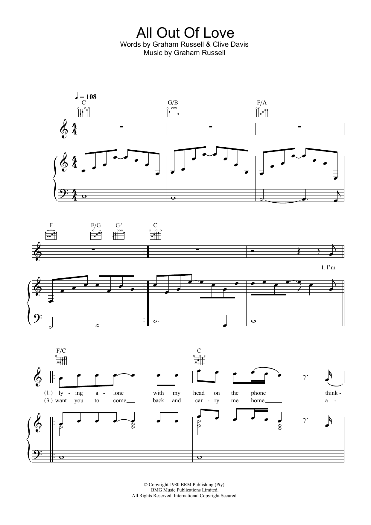 Download Air Supply All Out Of Love Sheet Music and learn how to play Melody Line, Lyrics & Chords PDF digital score in minutes