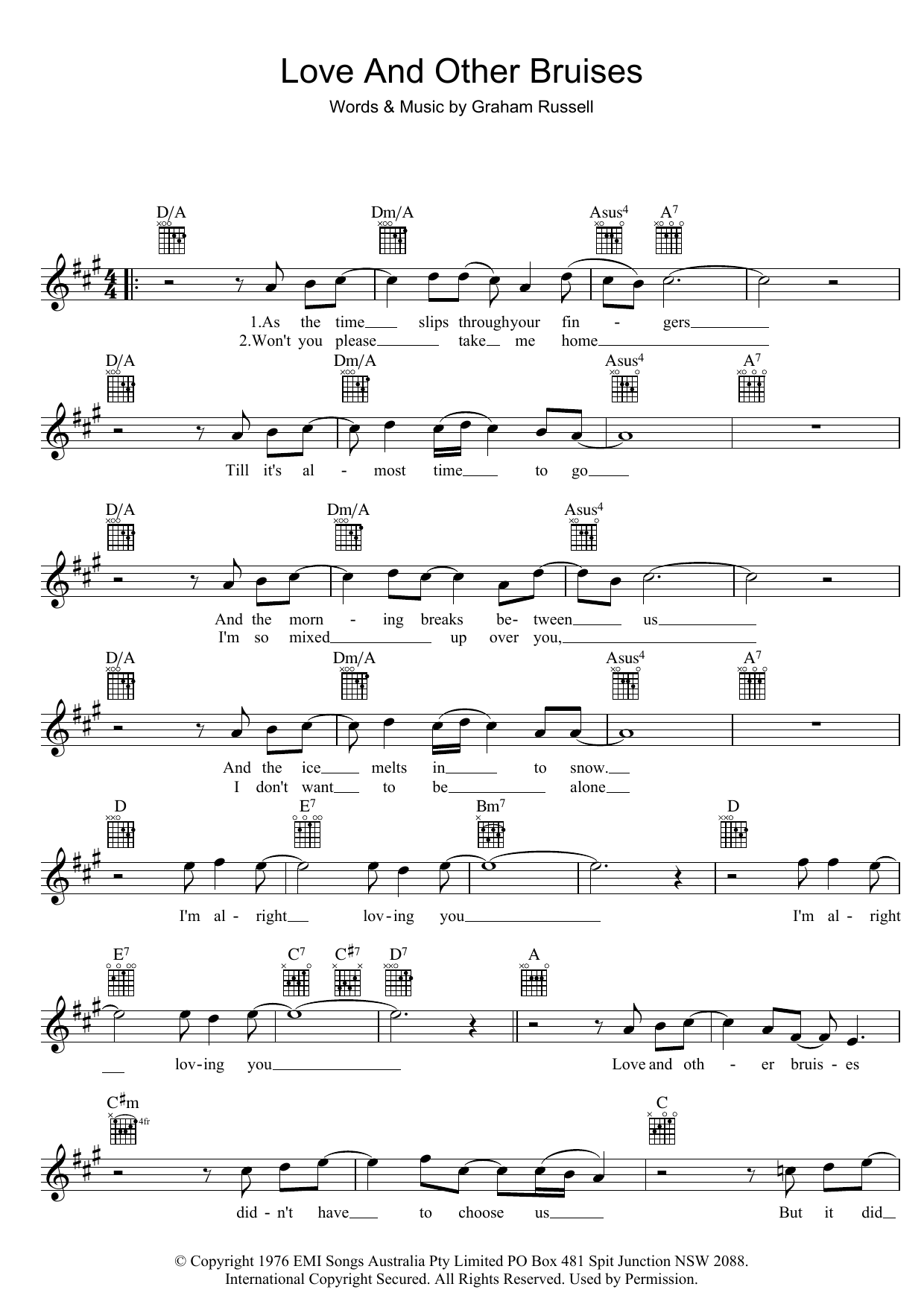 Download Air Supply Love And Other Bruises Sheet Music and learn how to play Melody Line, Lyrics & Chords PDF digital score in minutes