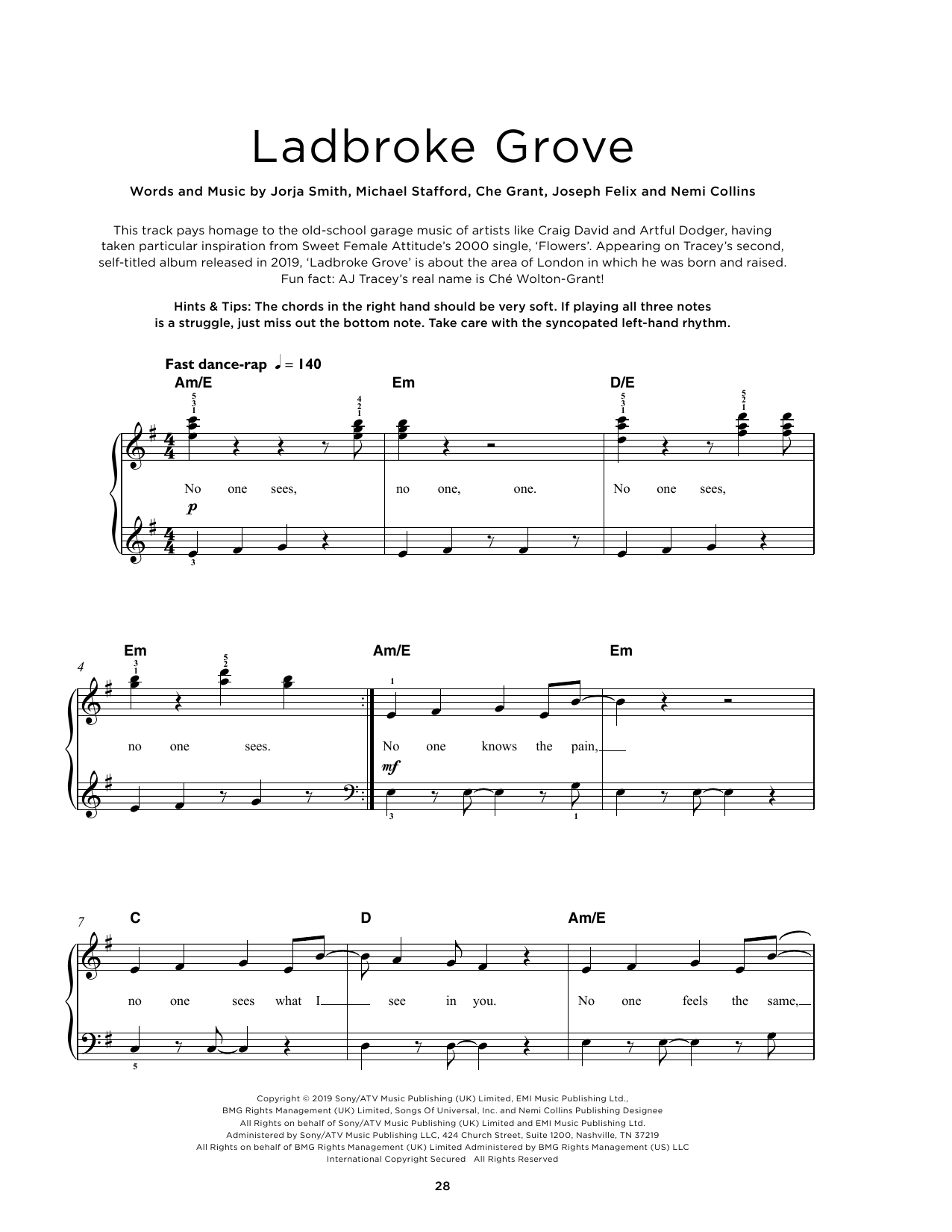 Download AJ Tracey Ladbroke Grove Sheet Music and learn how to play Really Easy Piano PDF digital score in minutes