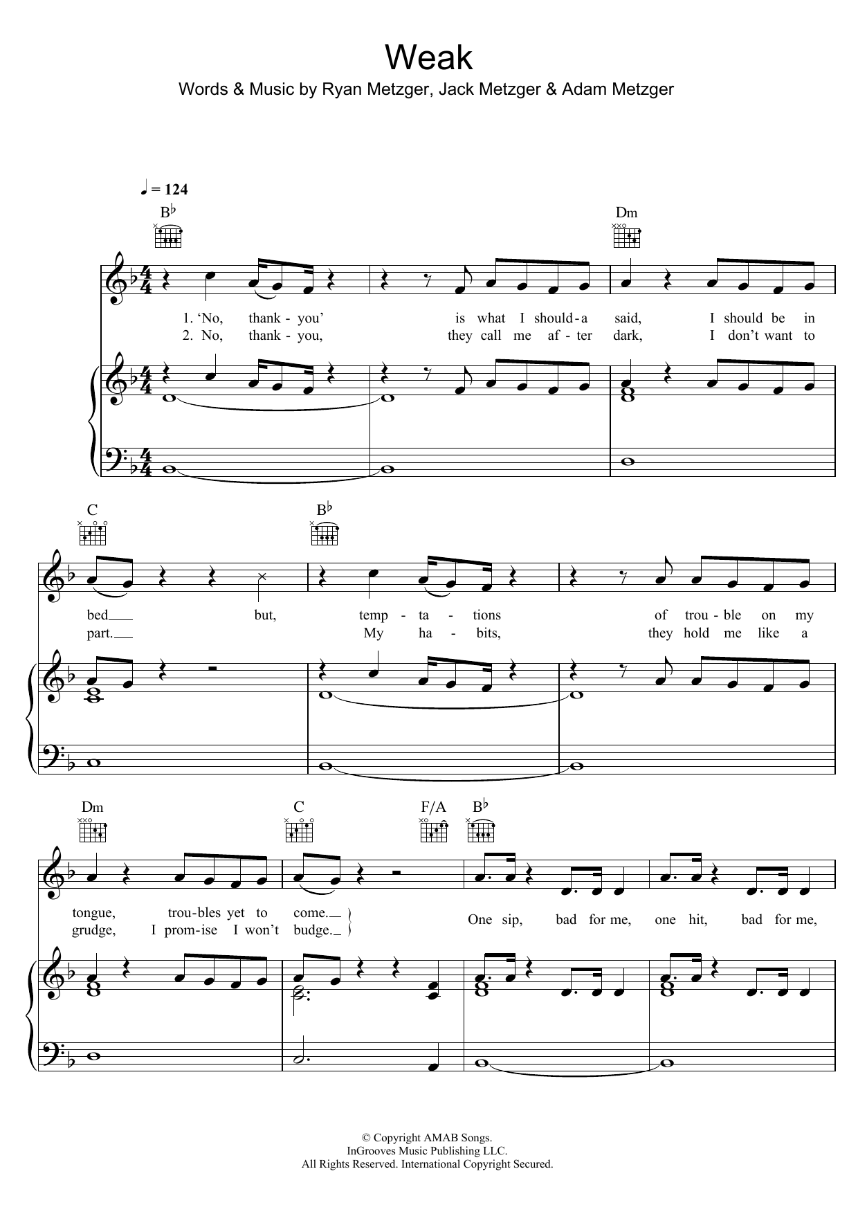 Download AJR Weak Sheet Music and learn how to play Piano, Vocal & Guitar (Right-Hand Melody) PDF digital score in minutes