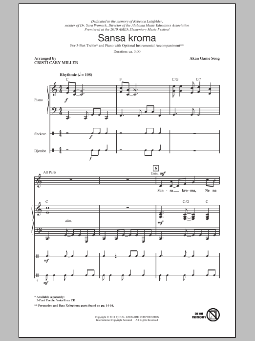 Download Cristi Cary Miller Sansa Kroma Sheet Music and learn how to play 3-Part Treble PDF digital score in minutes