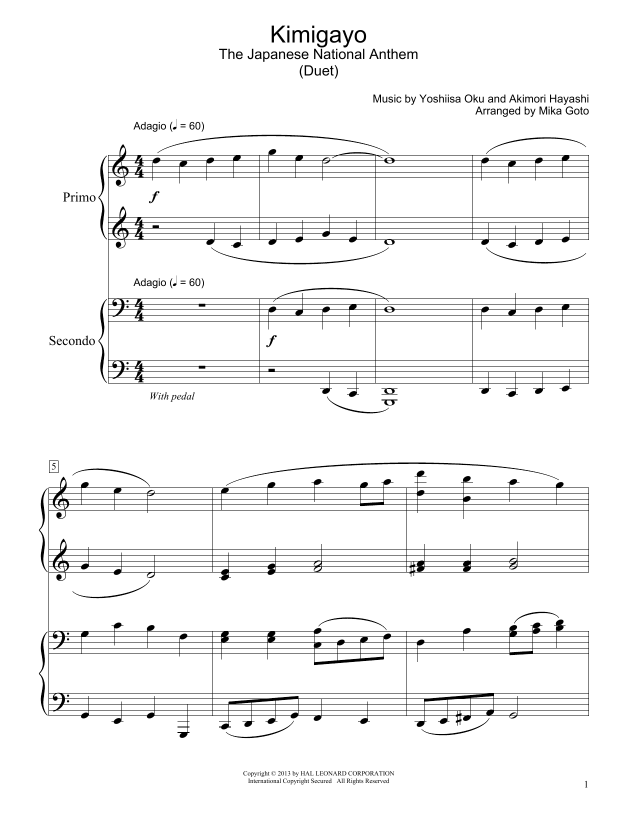 Download Akimori Hayashi Kimigayo (Japanese National Anthem) (arr. Mika Goto) Sheet Music and learn how to play Piano Duet PDF digital score in minutes