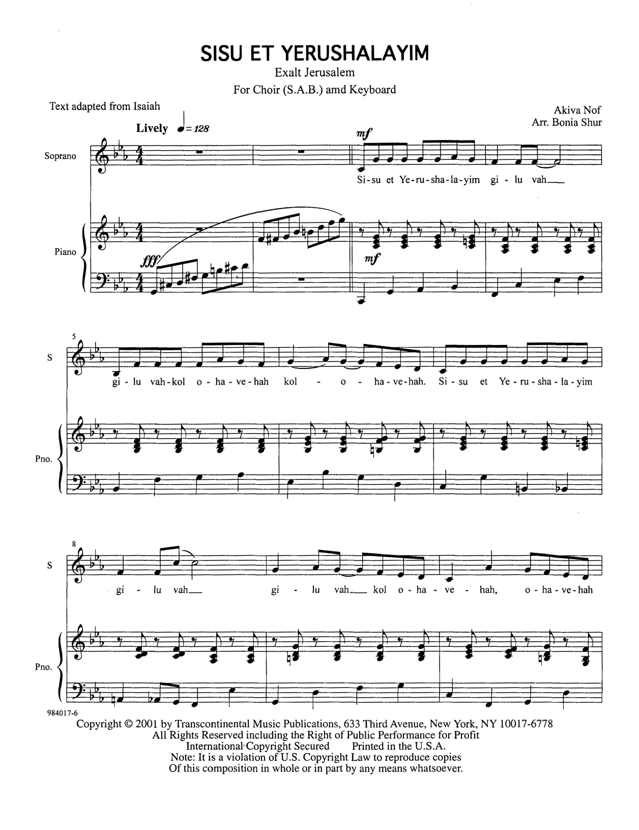 Download Akiva Nof Sisu Et Yerushalayim (Exalt Jerusalem) Sheet Music and learn how to play SAB Choir PDF digital score in minutes