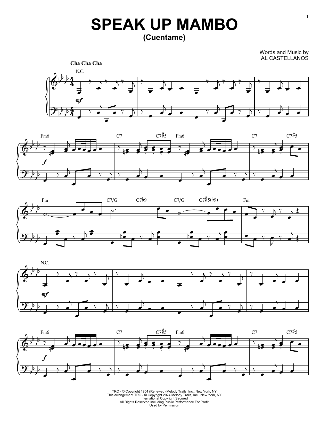 Download Al Castellanos Speak Up Mambo (Cuentame) (arr. Brent Edstrom) Sheet Music and learn how to play Piano Solo PDF digital score in minutes