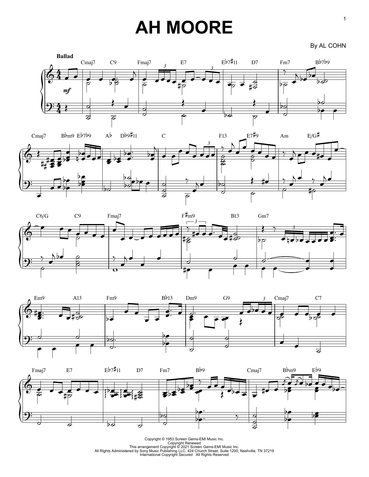 Download Al Cohn Ah-Moore [Jazz version] (arr. Brent Edstrom) Sheet Music and learn how to play Piano Solo PDF digital score in minutes