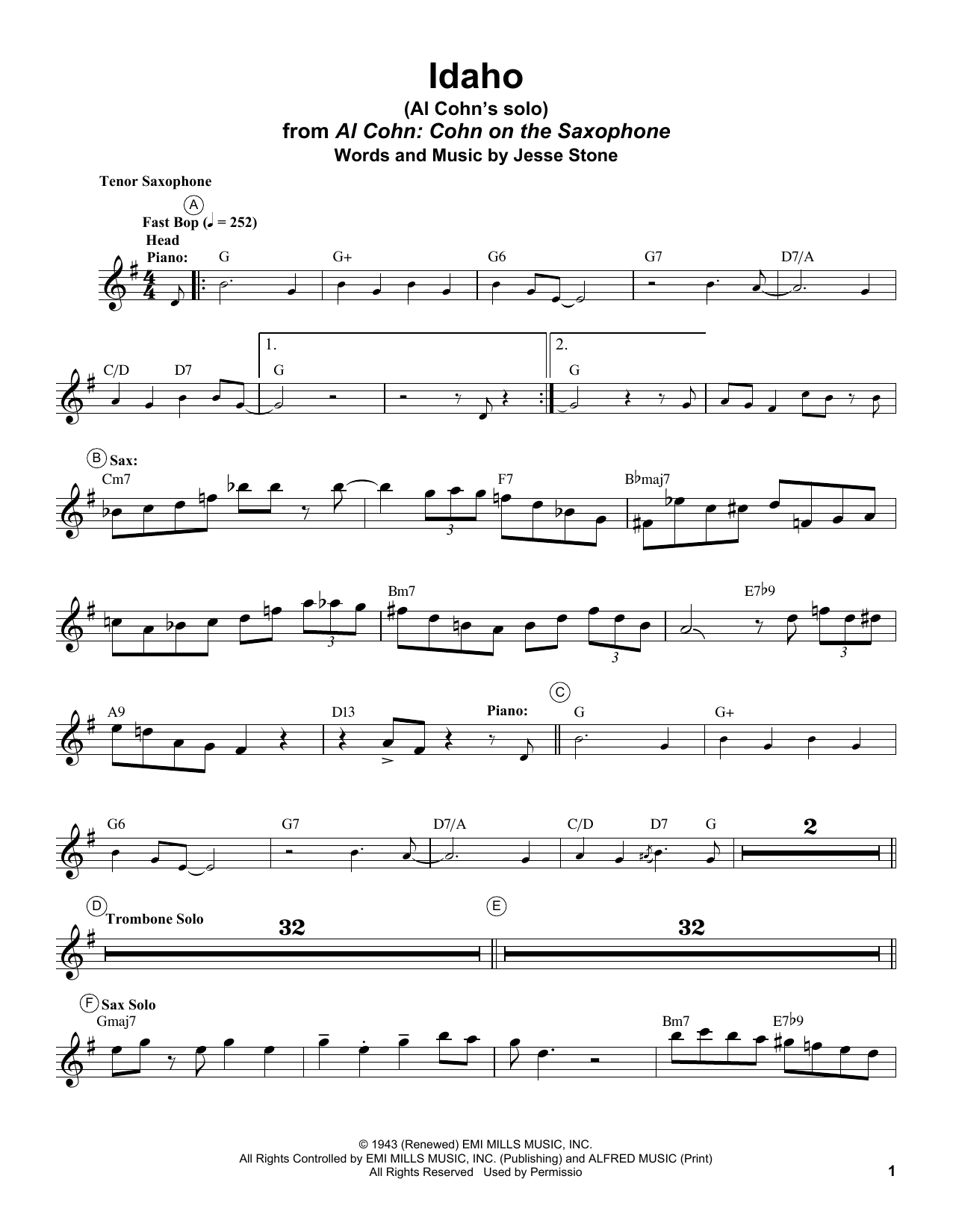 Download Al Cohn Idaho Sheet Music and learn how to play Tenor Sax Transcription PDF digital score in minutes