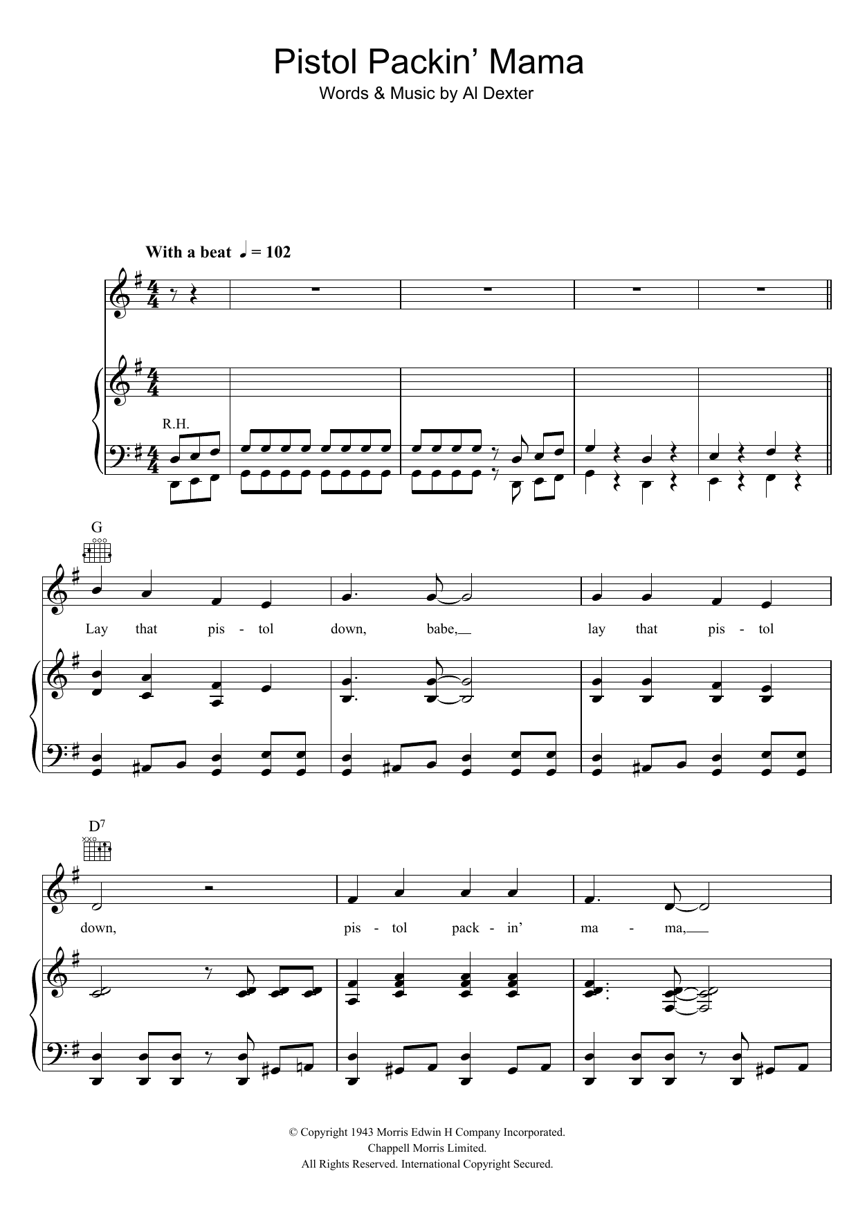 Download Al Dexter Pistol Packin' Mama Sheet Music and learn how to play Lead Sheet / Fake Book PDF digital score in minutes