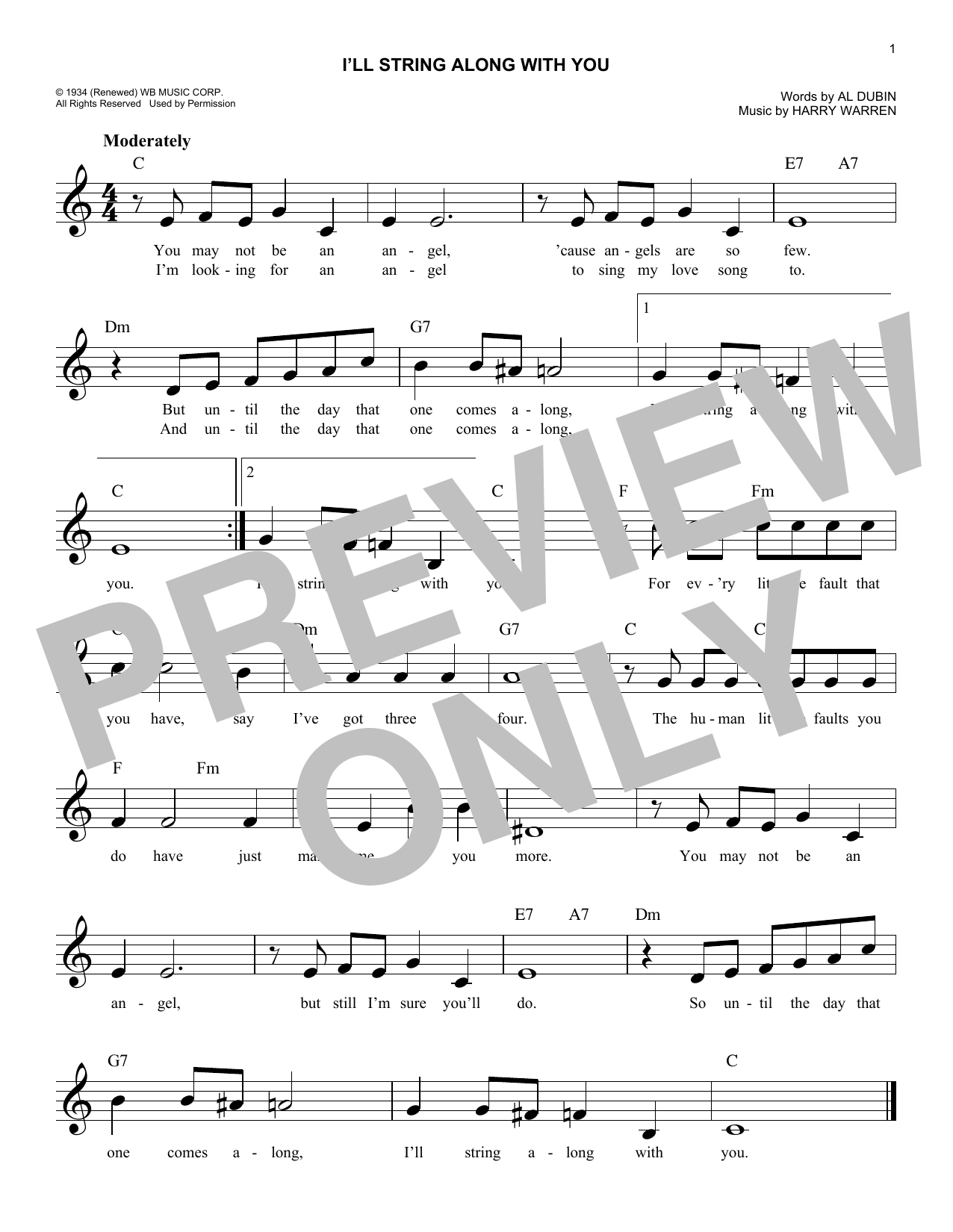 Download Al Dubin I'll String Along With You Sheet Music and learn how to play Melody Line, Lyrics & Chords PDF digital score in minutes