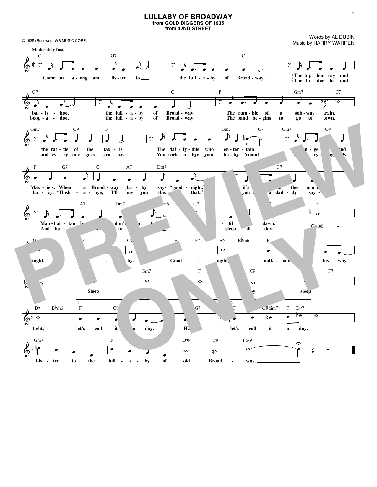 Download Al Dubin Lullaby Of Broadway Sheet Music and learn how to play Melody Line, Lyrics & Chords PDF digital score in minutes