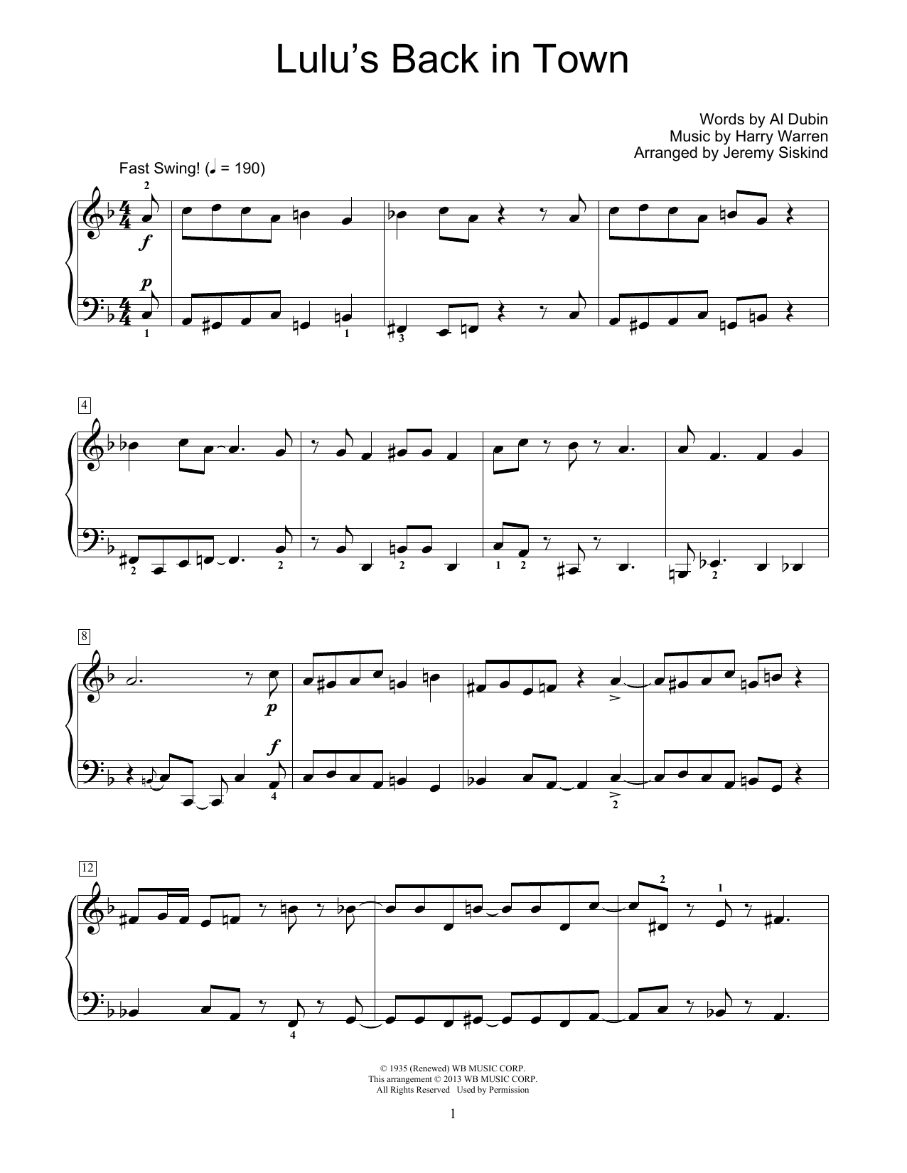 Download Harry Warren Lulu's Back In Town Sheet Music and learn how to play Piano, Vocal & Guitar (Right-Hand Melody) PDF digital score in minutes