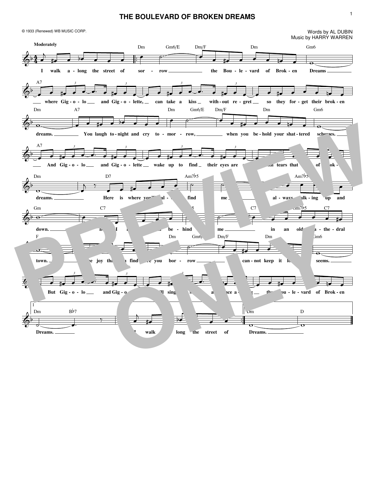 Download Al Dubin The Boulevard Of Broken Dreams Sheet Music and learn how to play Melody Line, Lyrics & Chords PDF digital score in minutes