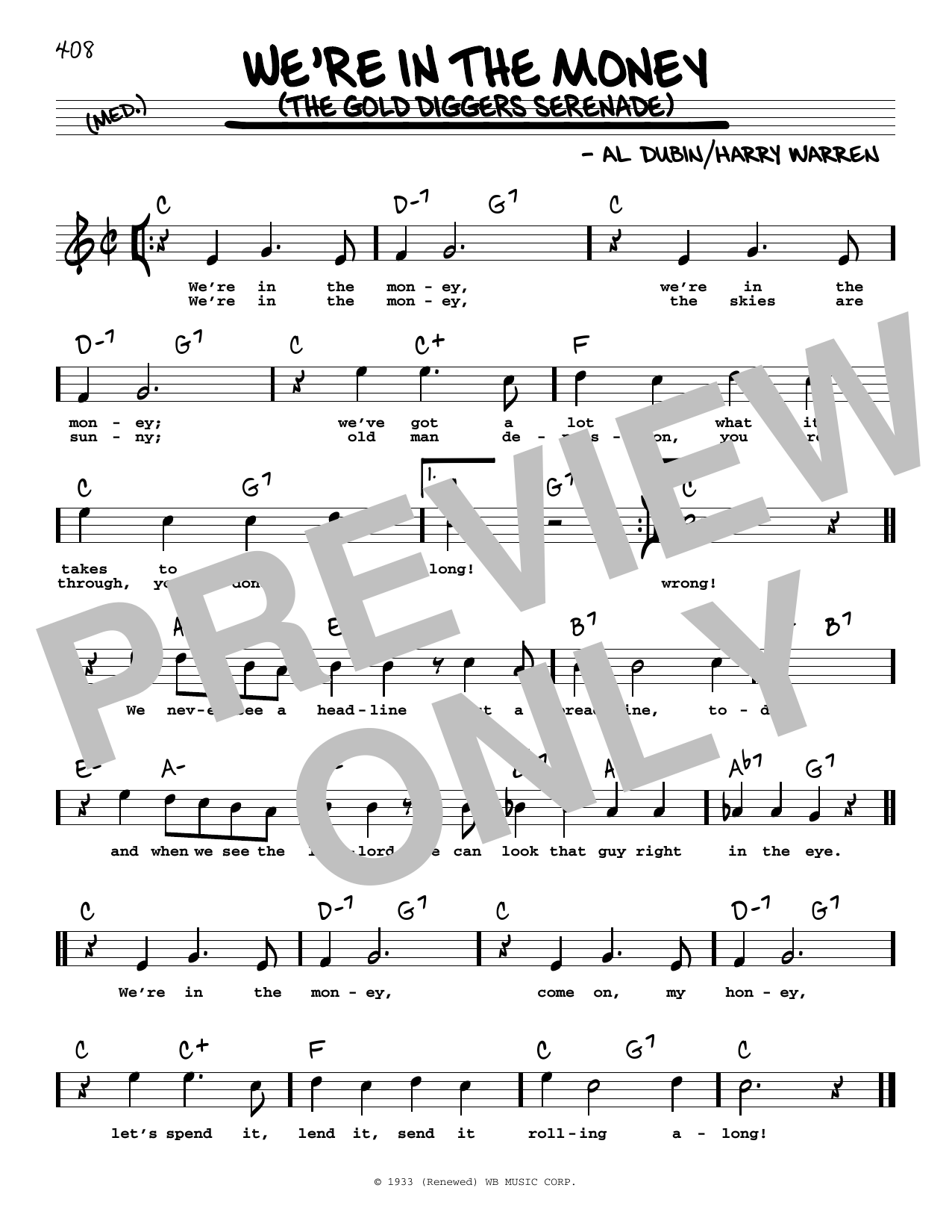 Download Al Dubin We're In The Money (The Gold Diggers Serenade) (High Voice) Sheet Music and learn how to play Real Book – Melody, Lyrics & Chords PDF digital score in minutes