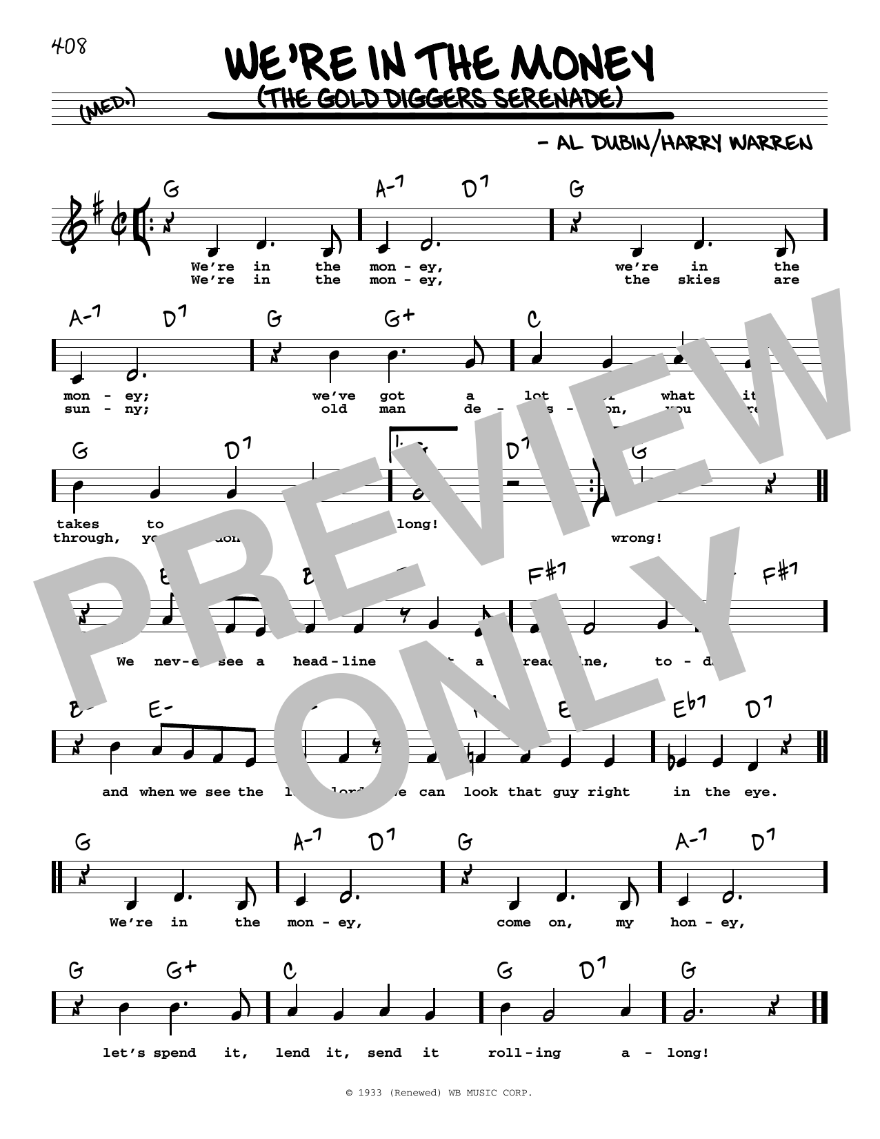 Download Al Dubin We're In The Money (The Gold Diggers Serenade) (Low Voice) Sheet Music and learn how to play Real Book – Melody, Lyrics & Chords PDF digital score in minutes