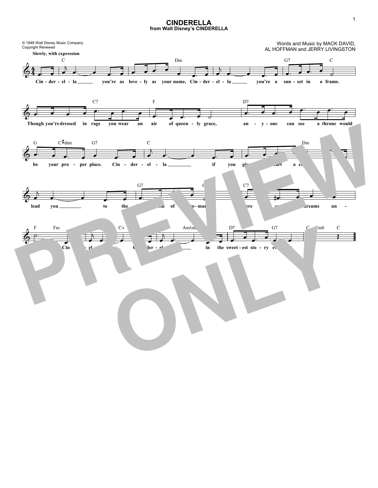 Download Al Hoffman Cinderella Sheet Music and learn how to play Melody Line, Lyrics & Chords PDF digital score in minutes