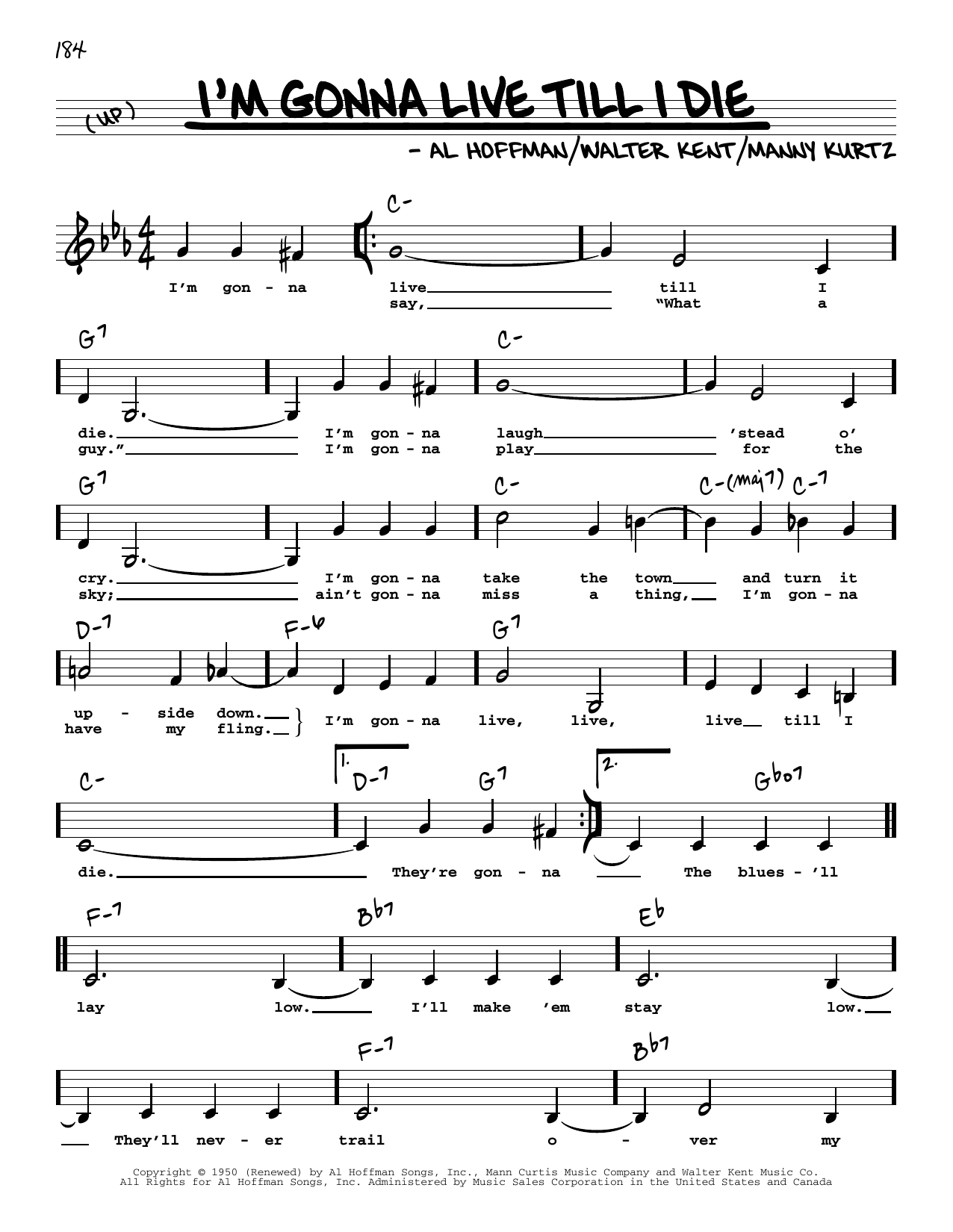 Download Al Hoffman I'm Gonna Live Till I Die (Low Voice) Sheet Music and learn how to play Real Book – Melody, Lyrics & Chords PDF digital score in minutes