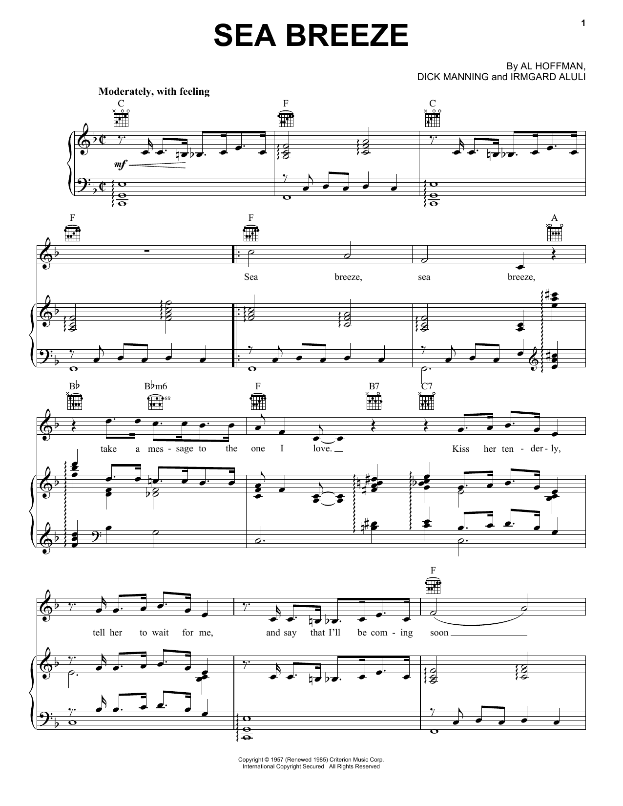 Download Al Hoffman Sea Breeze Sheet Music and learn how to play Piano, Vocal & Guitar (Right-Hand Melody) PDF digital score in minutes