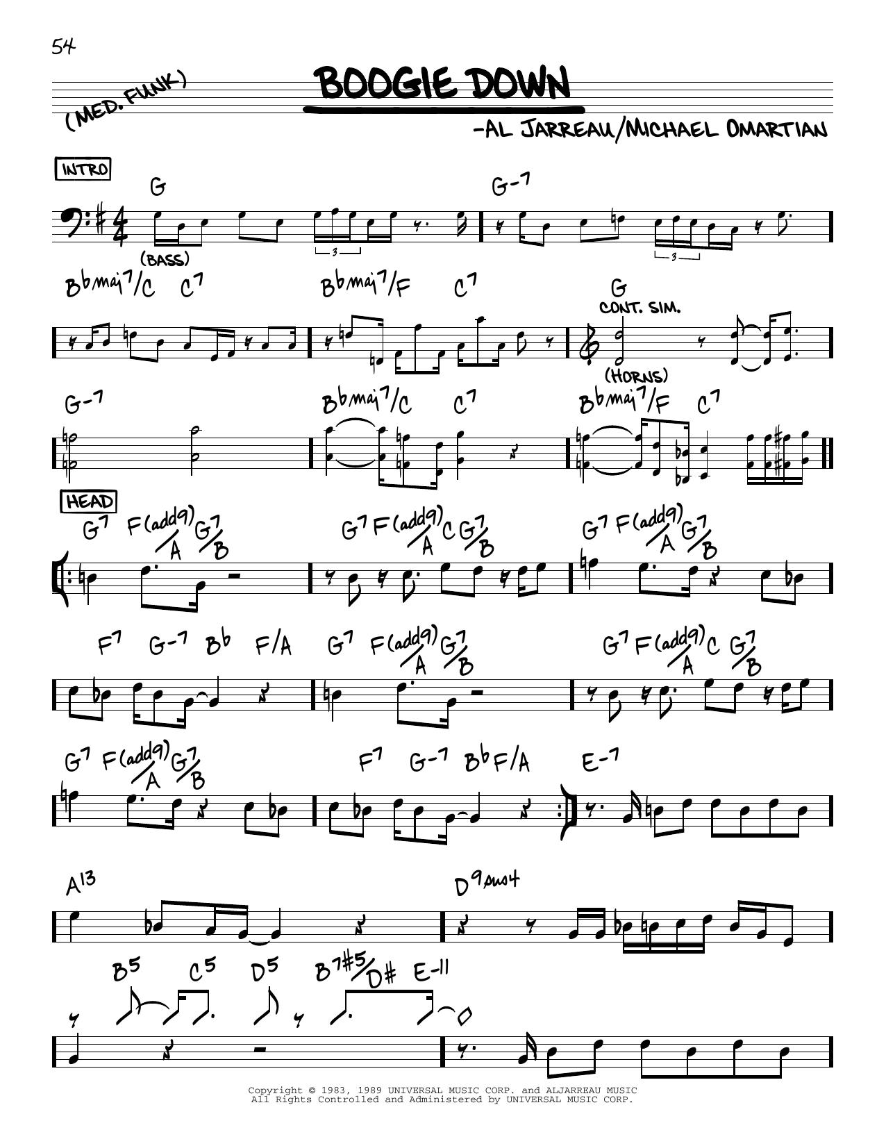 Download Al Jarreau Boogie Down Sheet Music and learn how to play Real Book – Melody & Chords PDF digital score in minutes