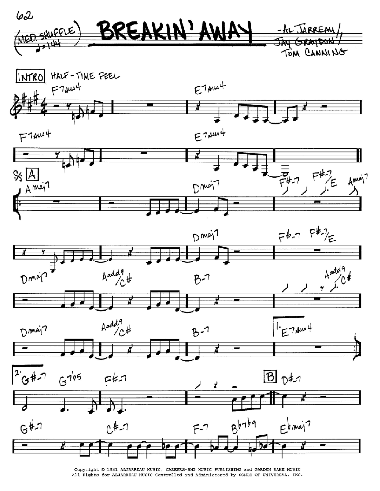 Download Al Jarreau Breakin' Away Sheet Music and learn how to play Real Book - Melody & Chords - C Instruments PDF digital score in minutes
