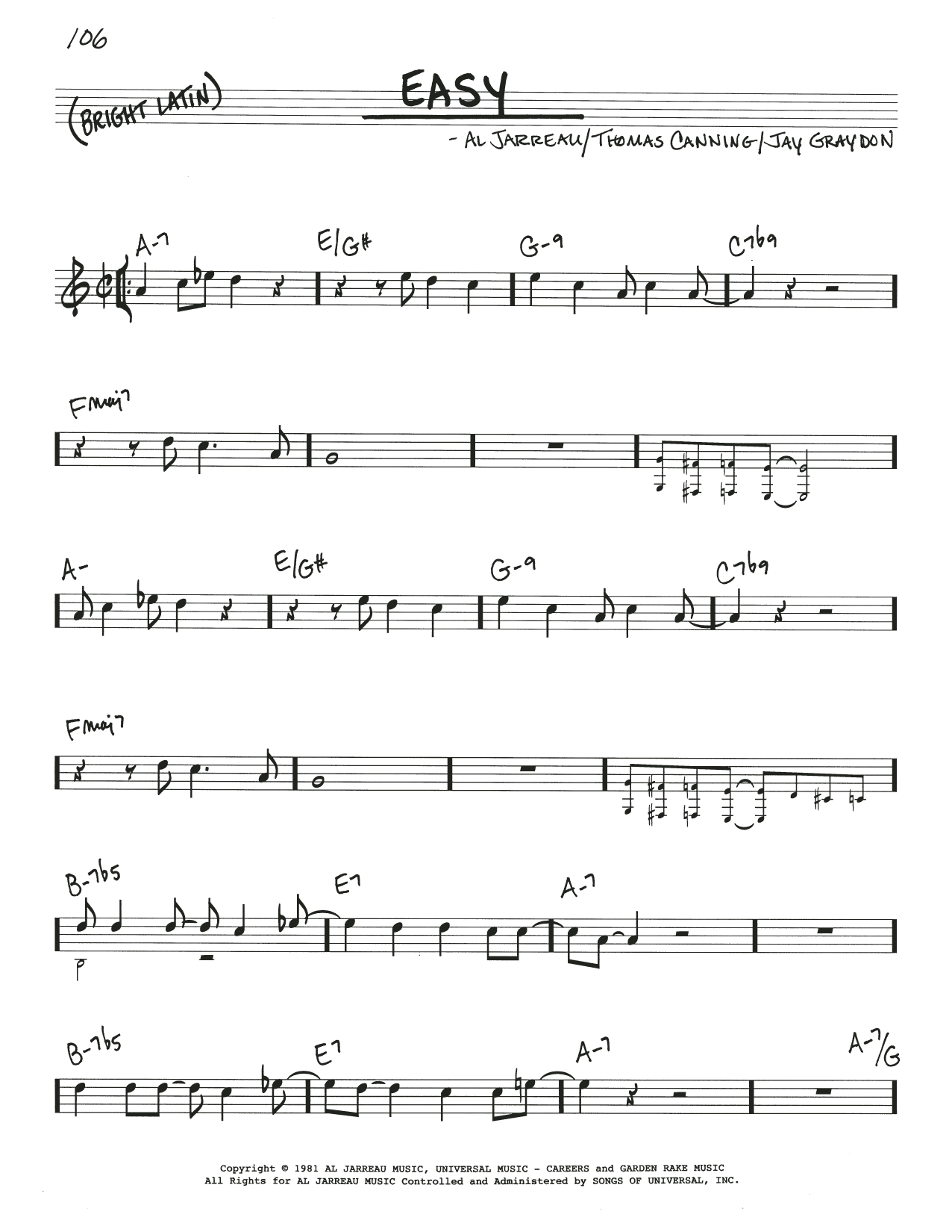 Download Al Jarreau Easy Sheet Music and learn how to play Real Book – Melody & Chords PDF digital score in minutes