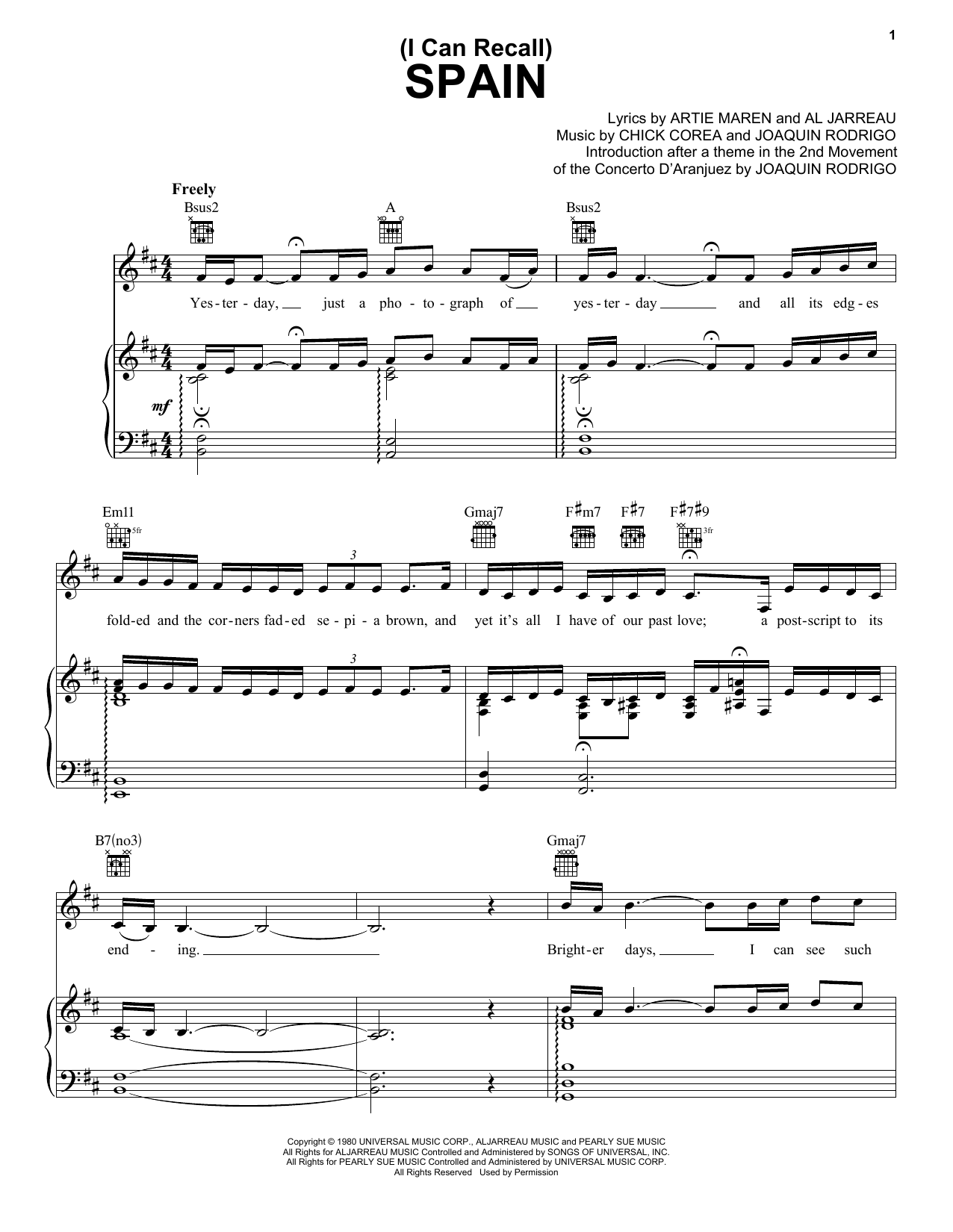 Download Al Jarreau (I Can Recall) Spain Sheet Music and learn how to play Piano, Vocal & Guitar Chords (Right-Hand Melody) PDF digital score in minutes