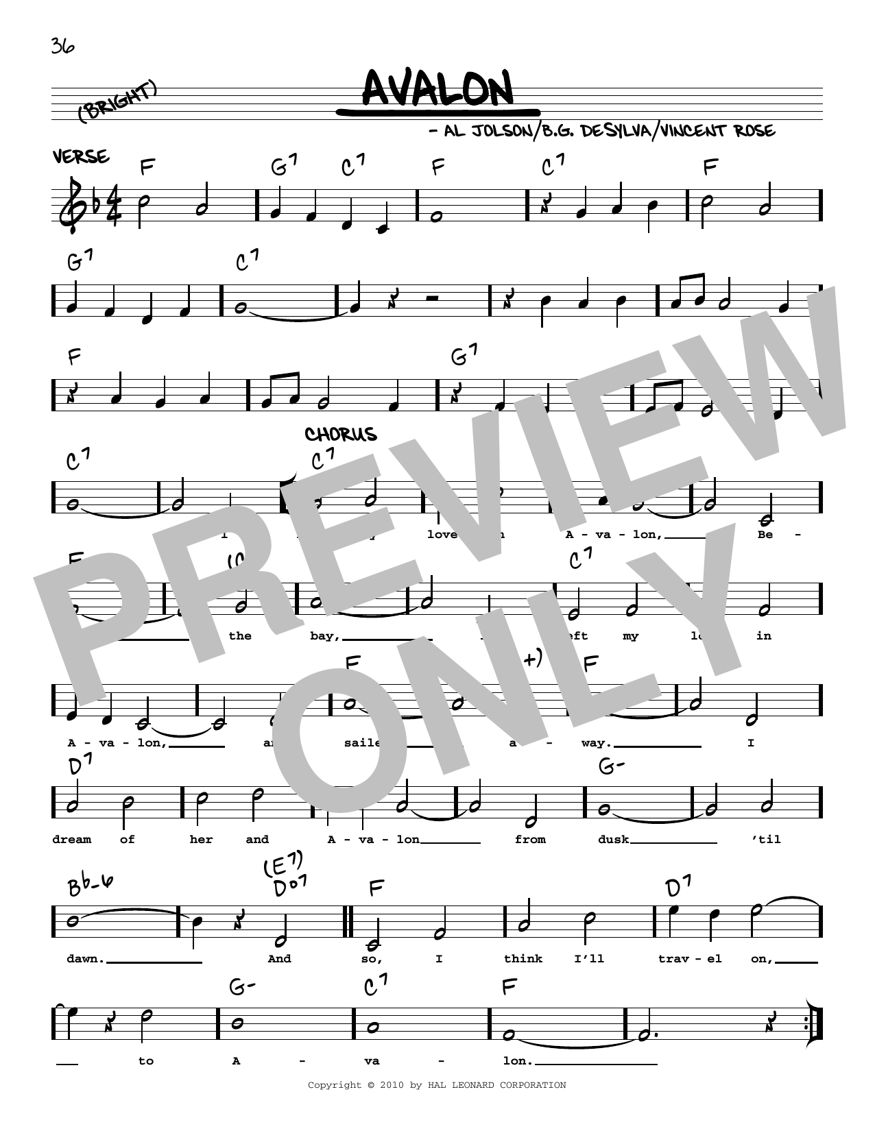 Download Al Jolson Avalon (arr. Robert Rawlins) Sheet Music and learn how to play Real Book – Melody, Lyrics & Chords PDF digital score in minutes