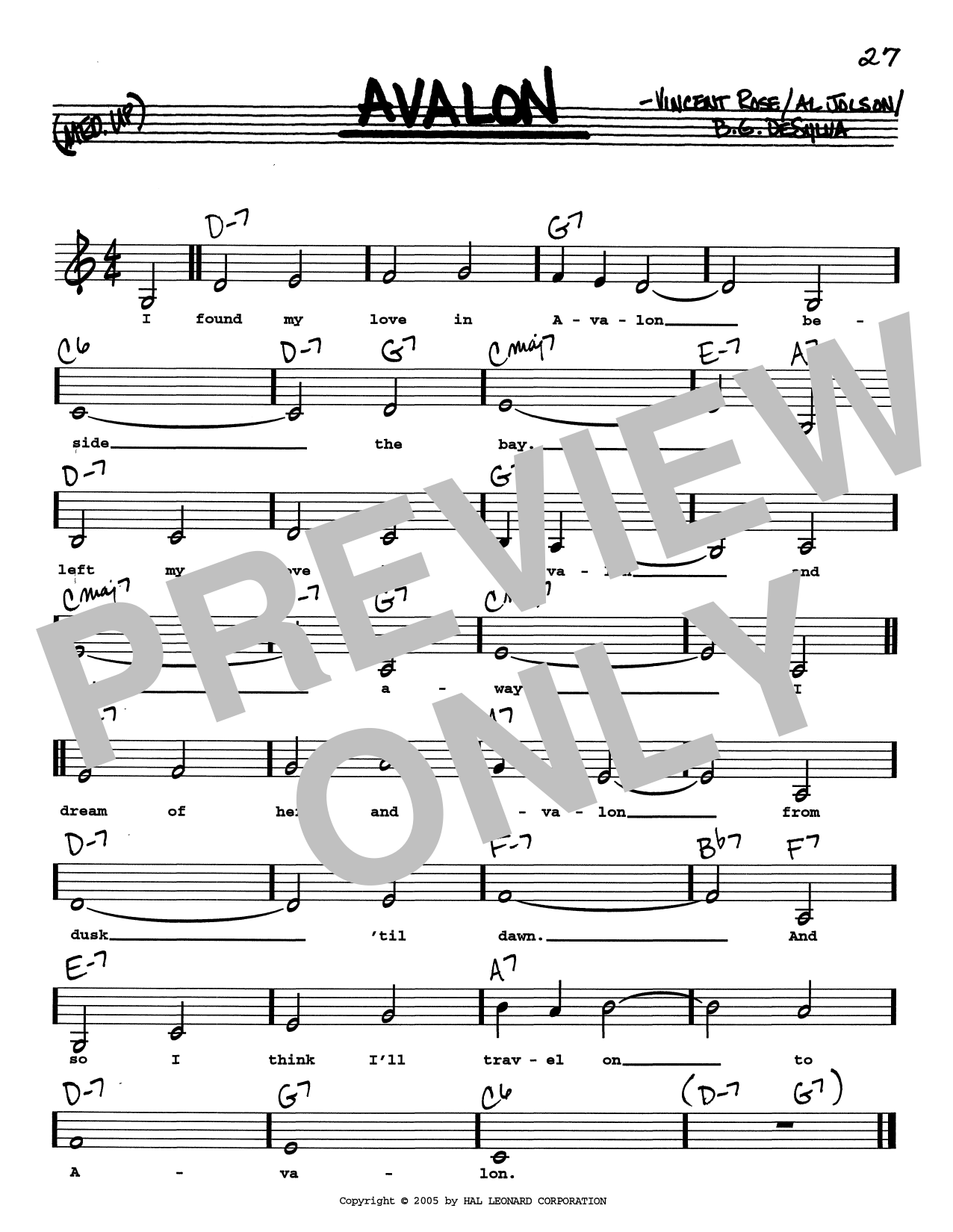 Download Al Jolson Avalon (Low Voice) Sheet Music and learn how to play Real Book – Melody, Lyrics & Chords PDF digital score in minutes
