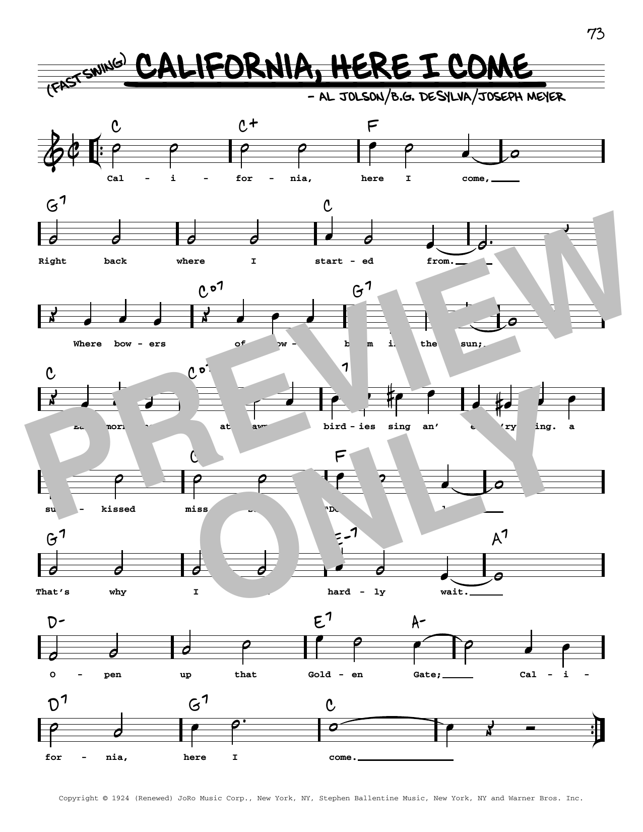 Download Al Jolson California, Here I Come (arr. Robert Rawlins) Sheet Music and learn how to play Real Book – Melody, Lyrics & Chords PDF digital score in minutes