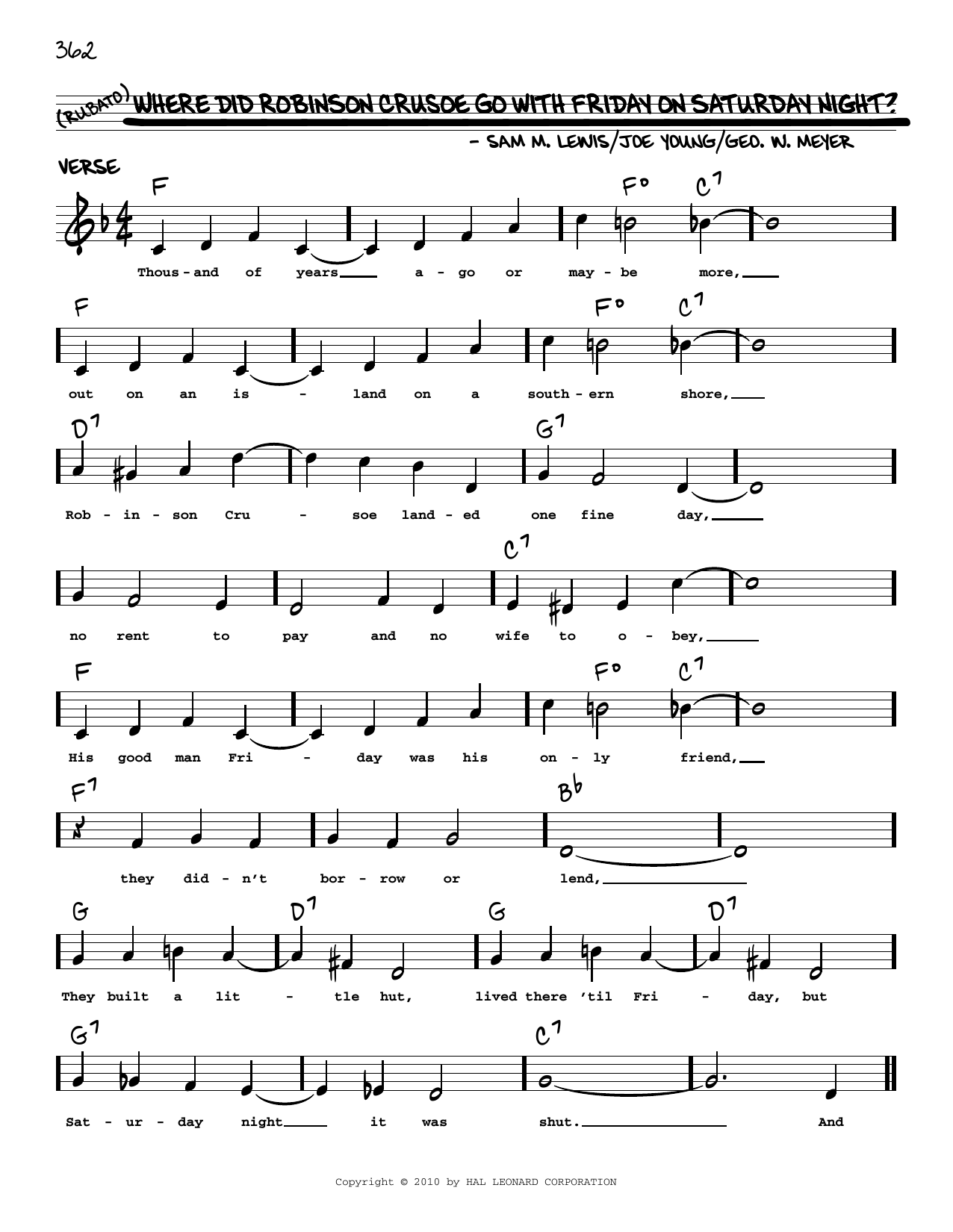 Download Al Jolson Where Did Robinson Crusoe Go With Friday On Saturday Night? (arr. Robert Rawlins Sheet Music and learn how to play Real Book – Melody, Lyrics & Chords PDF digital score in minutes
