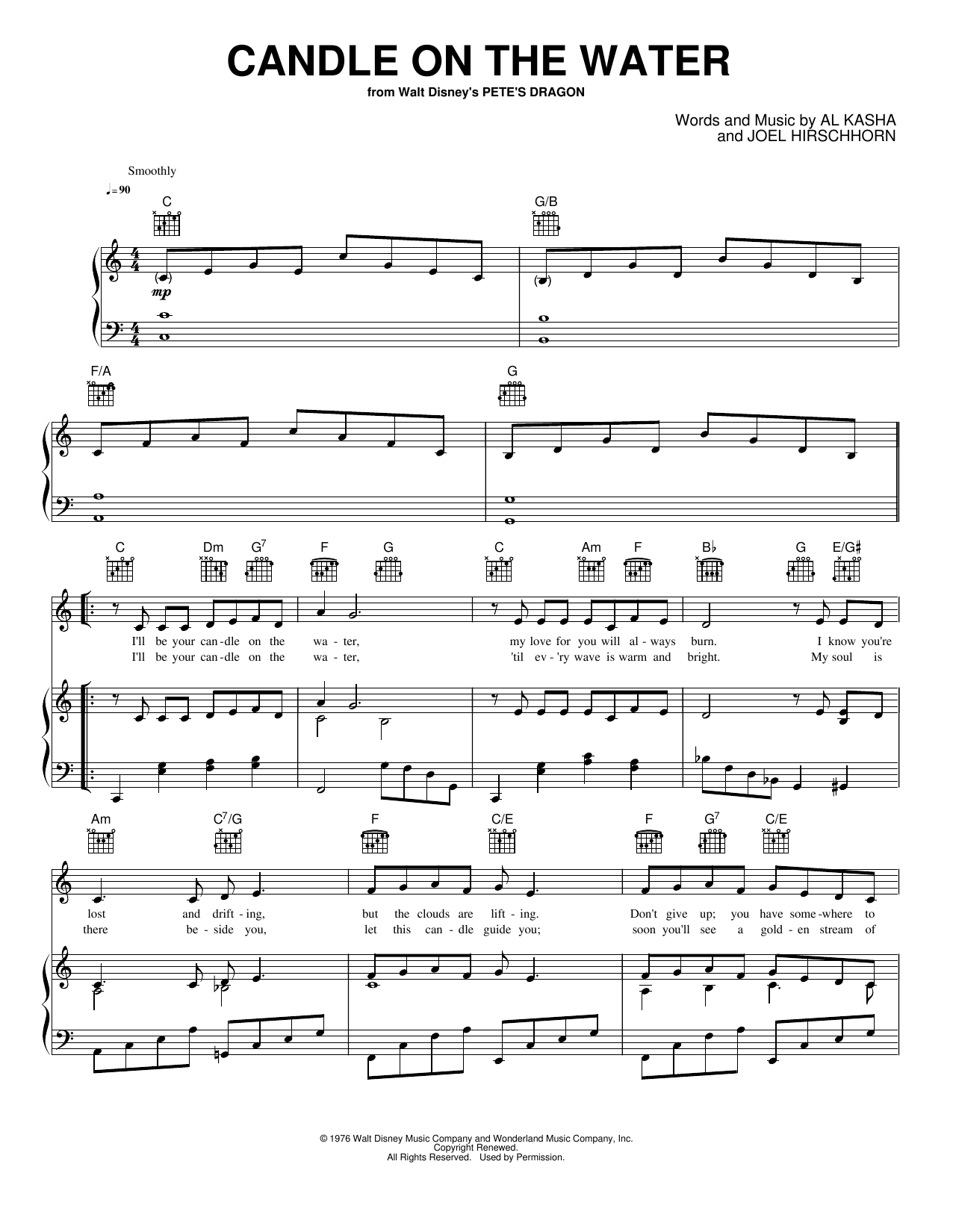 Download Al Kasha Candle On The Water Sheet Music and learn how to play Piano, Vocal & Guitar Chords (Right-Hand Melody) PDF digital score in minutes