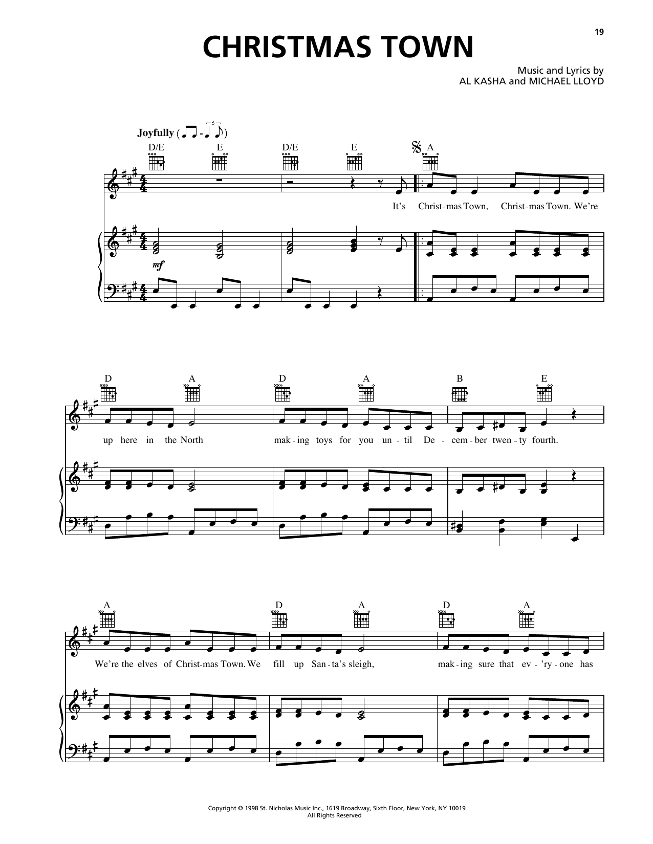 Download Al Kasha Christmas Town (from Rudolph The Red Nosed Reindeer) Sheet Music and learn how to play Piano, Vocal & Guitar Chords (Right-Hand Melody) PDF digital score in minutes