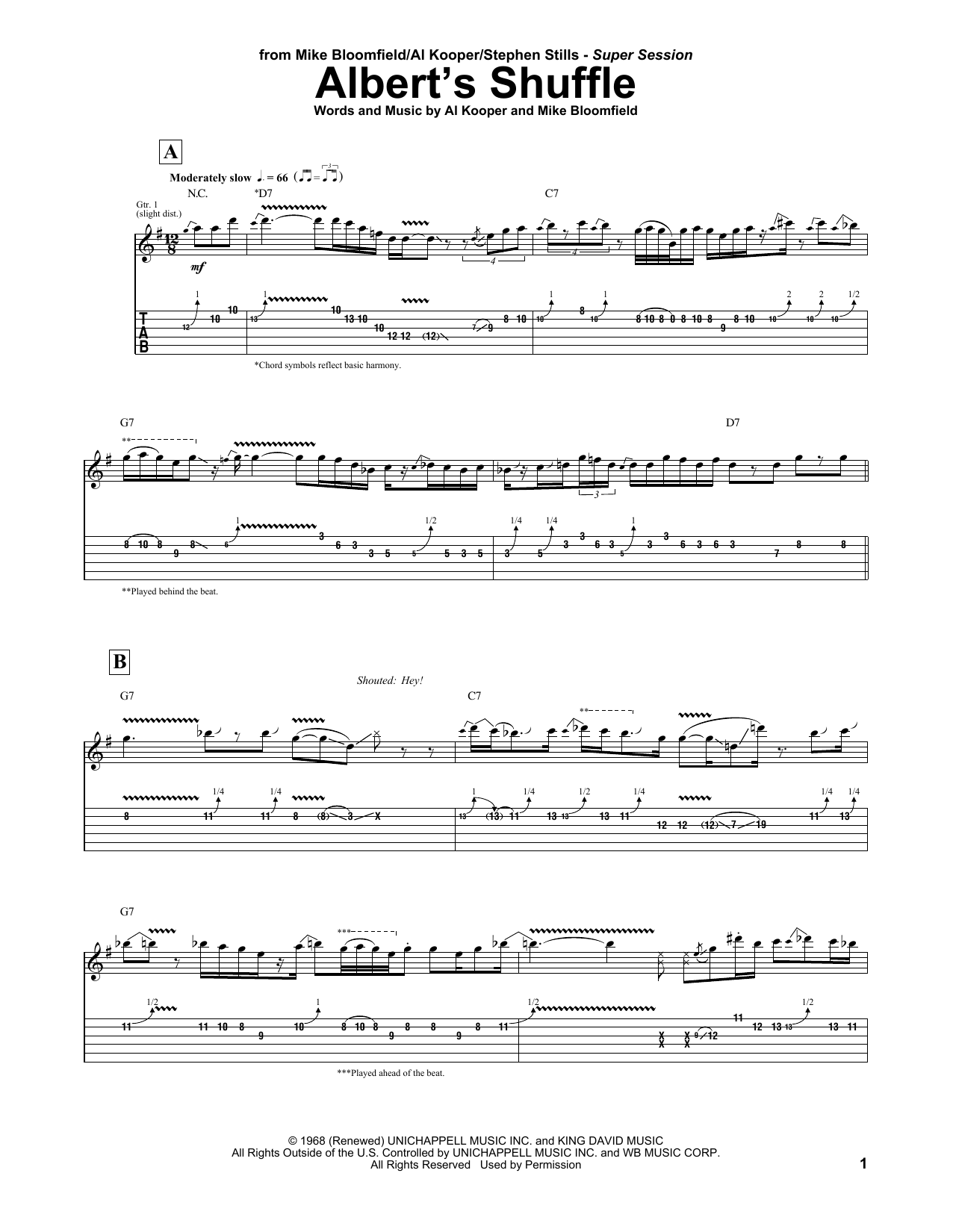 Download Al Kooper & Mike Bloomfield Albert's Shuffle Sheet Music and learn how to play Guitar Tab PDF digital score in minutes