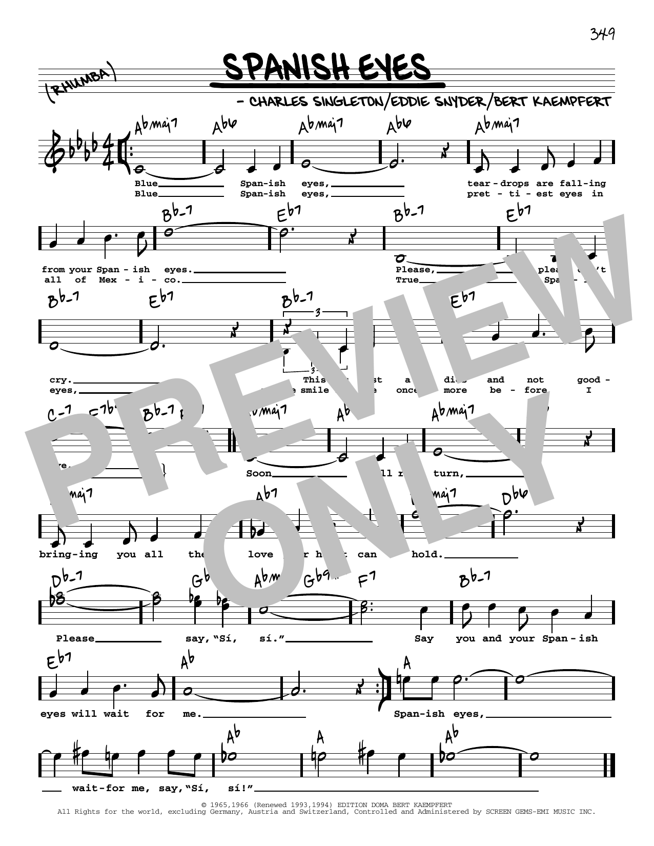 Download Al Martino Spanish Eyes (High Voice) Sheet Music and learn how to play Real Book – Melody, Lyrics & Chords PDF digital score in minutes