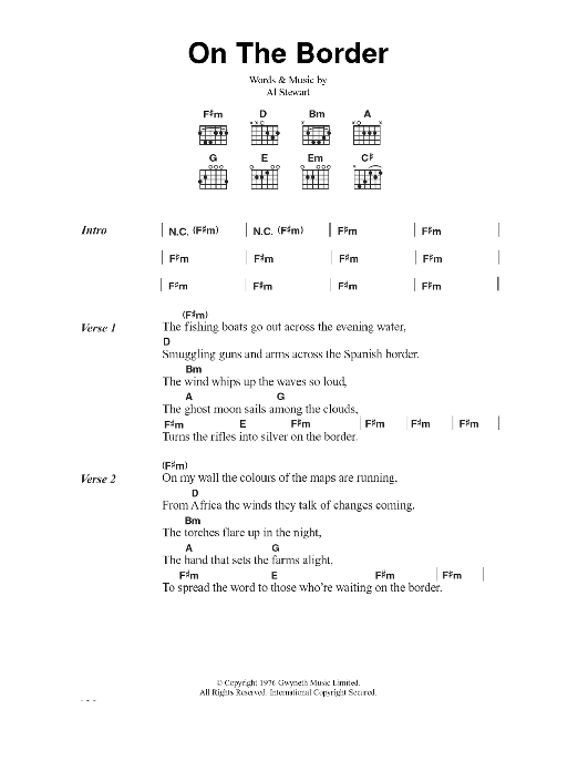 Download Al Stewart On The Border Sheet Music and learn how to play Lyrics & Chords PDF digital score in minutes