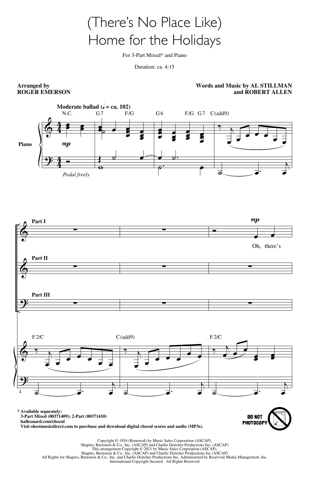 Download Al Stillman and Robert Allen (There's No Place Like) Home For The Holidays (arr. Roger Emerson) Sheet Music and learn how to play 3-Part Mixed Choir PDF digital score in minutes