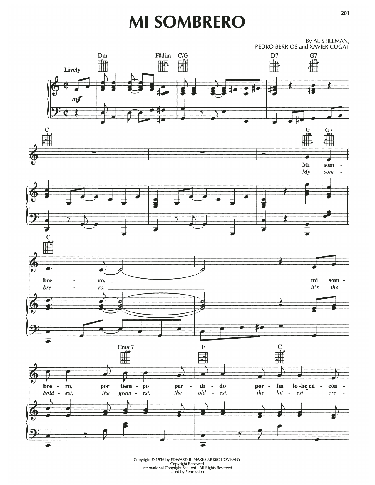 Download Al Stillman Mi Sombrero Sheet Music and learn how to play Piano, Vocal & Guitar Chords (Right-Hand Melody) PDF digital score in minutes